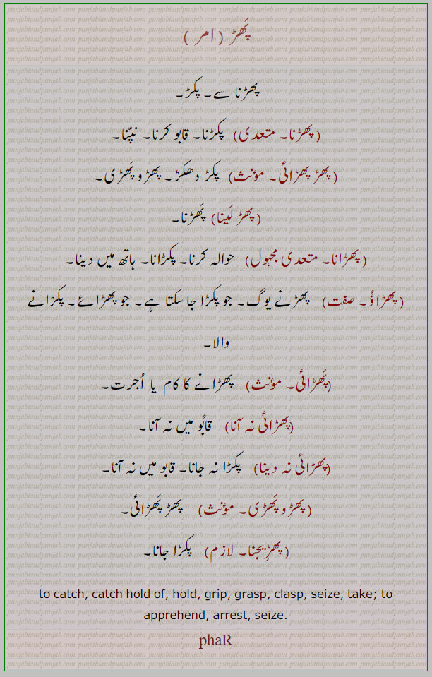 پھڑھ, پھڑنا, پھڑ,پھڑانا,پھڑائی,پھڑوپھڑی,پھڑیجنا,پکڑ,ھوالہ,قابوپھڑنے یوگ,دھوکا,دکھاوا ,جھوٹ,phaR , ਫੜਨਾ,