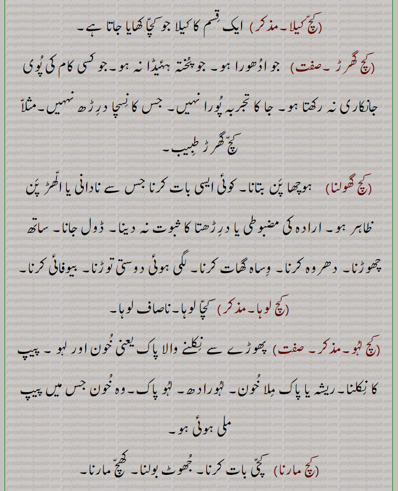 کچ, کچ بچ, کچ بھنا, کچ پاچا,کچ پچ, کچ پک,کچ پکا,کچ پنا, کچ پیندن,کچ پیندی,کچ پیندیا, کچ تل ,کچ خام,کچ درڑ,کچ دلی,کچ دھات,کچ دھاگا,کچرا,کچکڑا,کچ کرنا,کچرادھ, کچ گھرڑ,کچرادھا,کچروٹ,کچری,کچڑا۔کچڑا,کچ سچ,کچ سچ کڈھنا,کچ کچ,کچکرا,کچ کرنا,کچ کرور,کچکڑا,کچ کوڈی,کچ کیلا,کچ گھرڑ ,کچ گھولنا ,کچ لوہا,کچ لہو,کچ مارنا,کچ مچ کڈھنا,کچ نا کچ,کچ نا کچ,کچ نِیلا,کچ وسل,کچا, کچی, Glass, rawness,kachch bachch,kachch lahoo,kachch pakk,kachcha,kachchi,kach wassal,kach, ਕਚ,kachch, ਕੱਚ ,