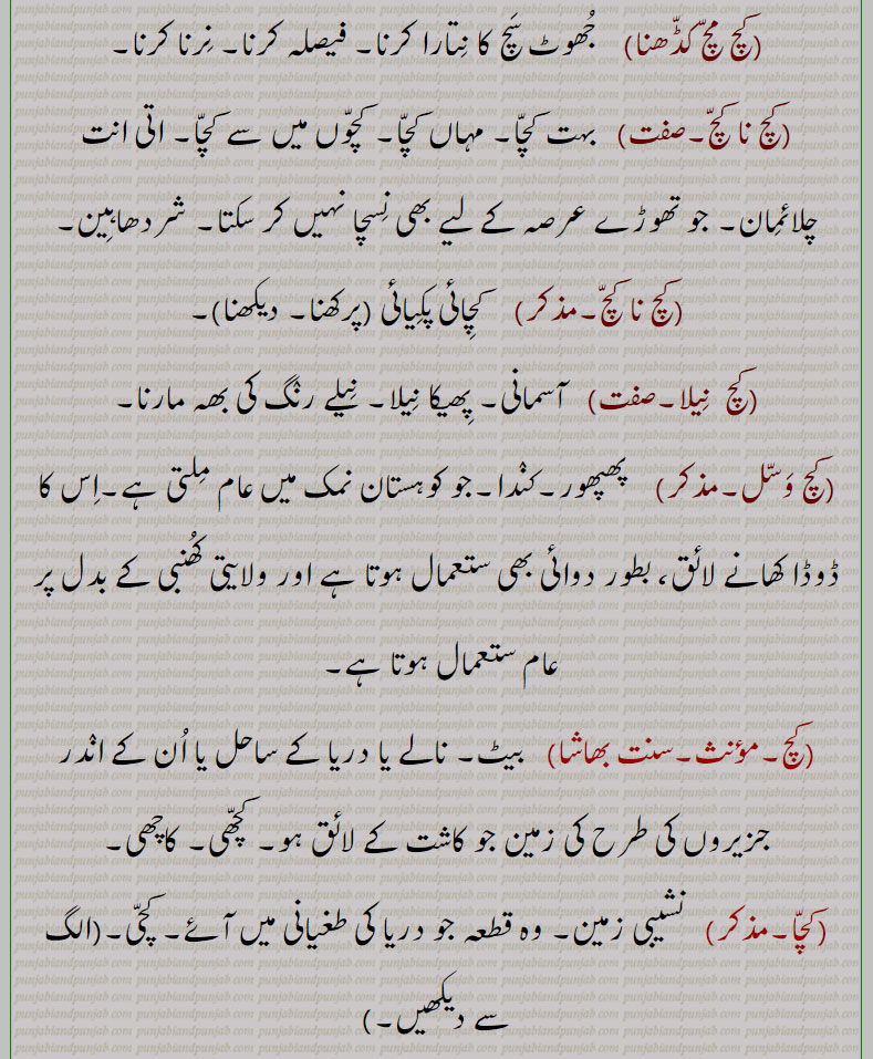 کچ, کچ بچ, کچ بھنا, کچ پاچا,کچ پچ, کچ پک,کچ پکا,کچ پنا, کچ پیندن,کچ پیندی,کچ پیندیا, کچ تل ,کچ خام,کچ درڑ,کچ دلی,کچ دھات,کچ دھاگا,کچرا,کچکڑا,کچ کرنا,کچرادھ, کچ گھرڑ,کچرادھا,کچروٹ,کچری,کچڑا۔کچڑا,کچ سچ,کچ سچ کڈھنا,کچ کچ,کچکرا,کچ کرنا,کچ کرور,کچکڑا,کچ کوڈی,کچ کیلا,کچ گھرڑ ,کچ گھولنا ,کچ لوہا,کچ لہو,کچ مارنا,کچ مچ کڈھنا,کچ نا کچ,کچ نا کچ,کچ نِیلا,کچ وسل,کچا, کچی, Glass, rawness,kachch bachch,kachch lahoo,kachch pakk,kachcha,kachchi,kach wassal,kach, ਕਚ,kachch, ਕੱਚ ,