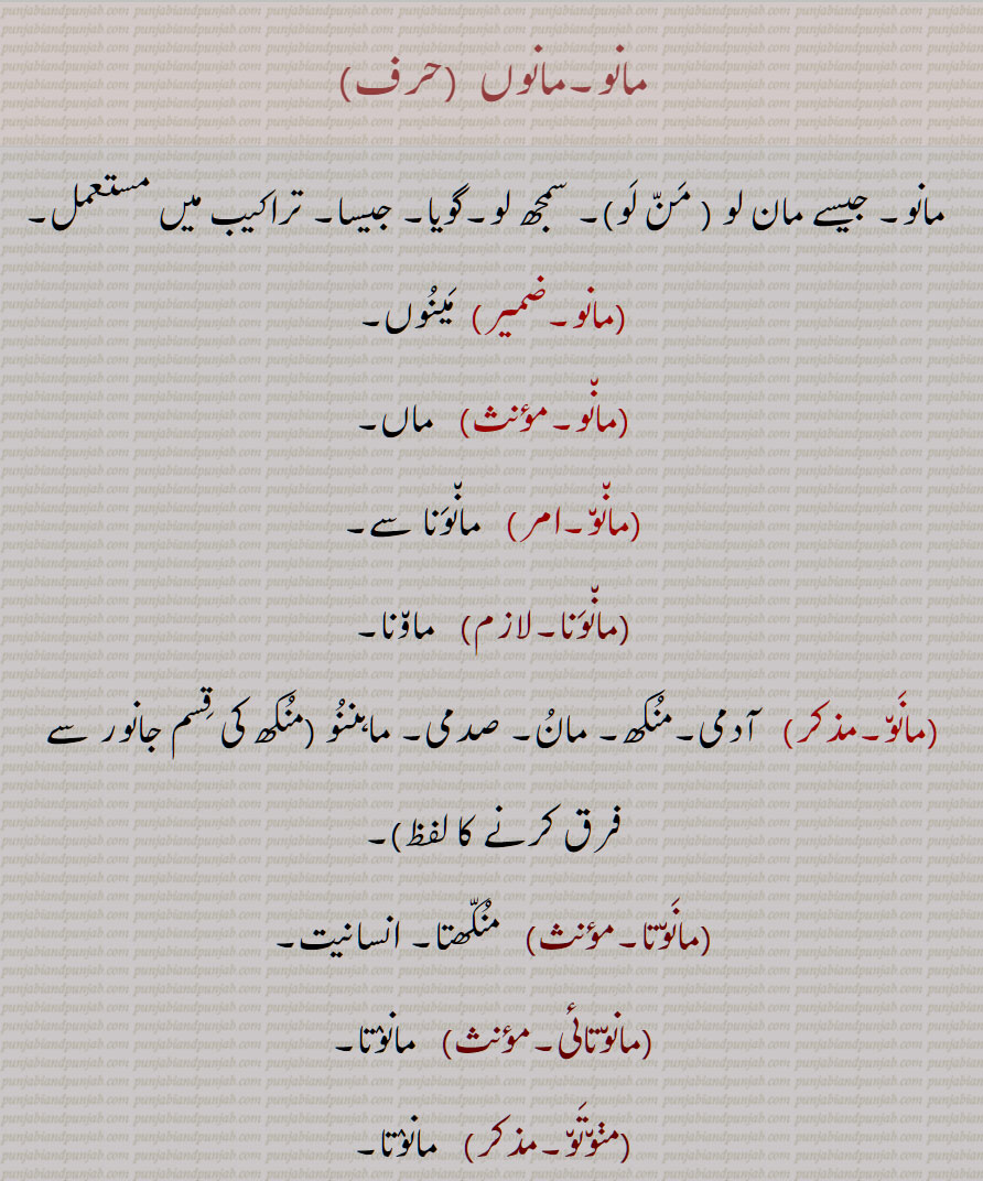 مانو,مانوں , من لو, سمجھ لو,مانونا,آدمی,منکھ,, ماہننو ,مانوتا,مانوتائی,مڽوتو,مانو ادھیکار,مانو شاستر, بشریات,مانو ہتیسی, انسان دوست,
