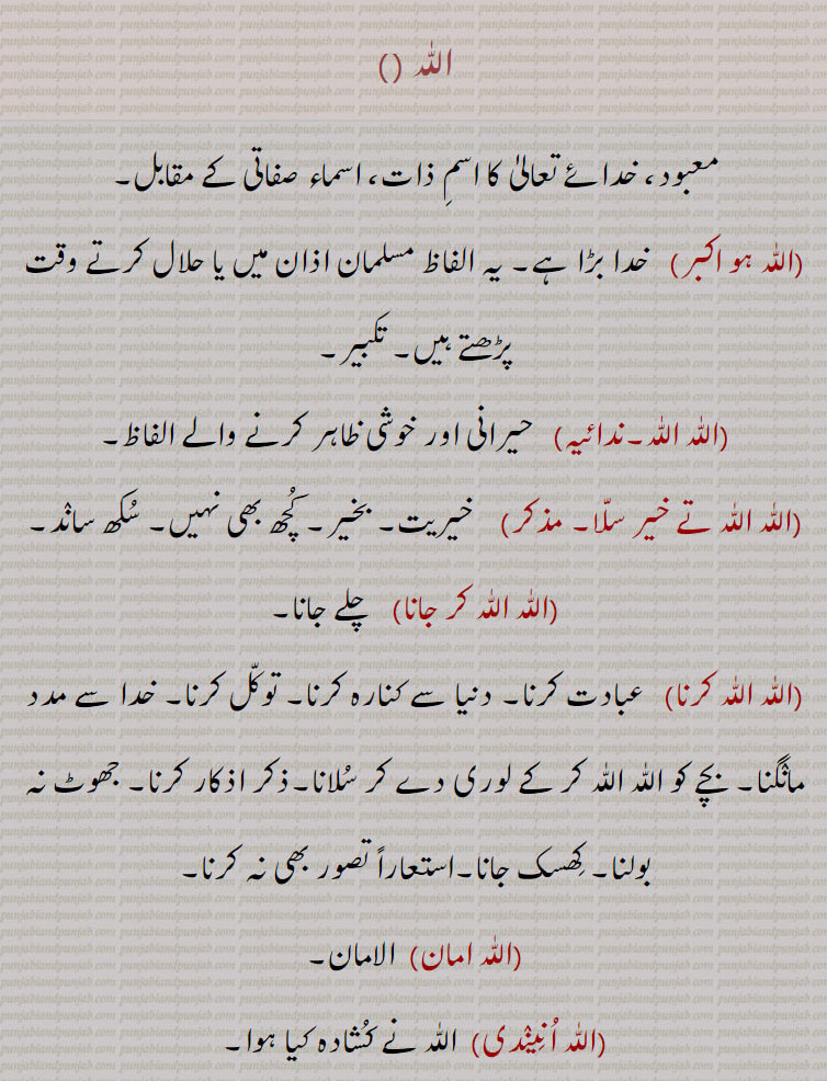 اللّٰہ ,,اللّٰہ ہو اکبر, اللّٰہ اللّٰہ, اللّٰہ اللّٰہ تے خیر سلّا, اللّٰہ اللّٰہ کر جانا, اللّٰہ اللّٰہ کرنا, اللّٰہ امان, اللّٰہ اُنِینٛدی, اللّٰہ اُنِینٛدی دا پُت/ دھی, اللّٰہ بخشے, اللّٰہ بھاویں, اللّٰہ بیلی, اللّٰہ تعالیٰ, اللّٰہ بیلی کرنا, اللّٰہ توکّل, توکّلی, اللّٰہ تے ڈوری, اللّٰہ جلَّ شانہ, اللّٰہ حافظ, اللّٰہ جانے, اللّٰہ دا بنٛدا, اللّٰہ دا کلام, اللّٰہ دا گھر, اللّٰہ دَوے, اللّٰہ دے حوالے, اللّٰہ راسی, اللّٰہ سائِیں, اللّٰہ گوچرے,  اللّٰہ لوک, اللّٰہ معافی, اللّٰہ مالک, اللّٰہ لیکھے ,  اللّٰہ لگدی, اللّٰہ کرے,اللّٰہ منّا, اللّٰہ مِیاں,اللّٰہ مِیاں دی گاں,اللّٰہ مِیاں دی گھوڑی,اللّٰہ میلے,اللّٰہ نُوں پِیارا پونا,اللّٰہ نہ دِکھاوے,اللّٰہ والا,اللّٰہ والے,اللّٰہ والی,اللّٰہ ہُو,,اللّٰہ ہوچرے, اللّٰہ ہی اللّٰہ ہے,Allah,ਅੱਲਾਹ