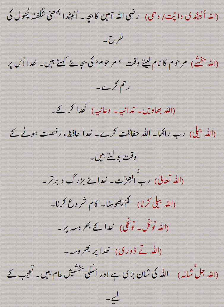  اللّٰہ ,,اللّٰہ ہو اکبر, اللّٰہ اللّٰہ, اللّٰہ اللّٰہ تے خیر سلّا, اللّٰہ اللّٰہ کر جانا, اللّٰہ اللّٰہ کرنا, اللّٰہ امان, اللّٰہ اُنِینٛدی, اللّٰہ اُنِینٛدی دا پُت/ دھی, اللّٰہ بخشے, اللّٰہ بھاویں, اللّٰہ بیلی, اللّٰہ تعالیٰ, اللّٰہ بیلی کرنا, اللّٰہ توکّل, توکّلی, اللّٰہ تے ڈوری, اللّٰہ جلَّ شانہ, اللّٰہ حافظ, اللّٰہ جانے, اللّٰہ دا بنٛدا, اللّٰہ دا کلام, اللّٰہ دا گھر, اللّٰہ دَوے, اللّٰہ دے حوالے, اللّٰہ راسی, اللّٰہ سائِیں, اللّٰہ گوچرے,  اللّٰہ لوک, اللّٰہ معافی, اللّٰہ مالک, اللّٰہ لیکھے ,  اللّٰہ لگدی, اللّٰہ کرے,اللّٰہ منّا, اللّٰہ مِیاں,اللّٰہ مِیاں دی گاں,اللّٰہ مِیاں دی گھوڑی,اللّٰہ میلے,اللّٰہ نُوں پِیارا پونا,اللّٰہ نہ دِکھاوے,اللّٰہ والا,اللّٰہ والے,اللّٰہ والی,اللّٰہ ہُو,,اللّٰہ ہوچرے, اللّٰہ ہی اللّٰہ ہے,Allah,ਅੱਲਾਹ