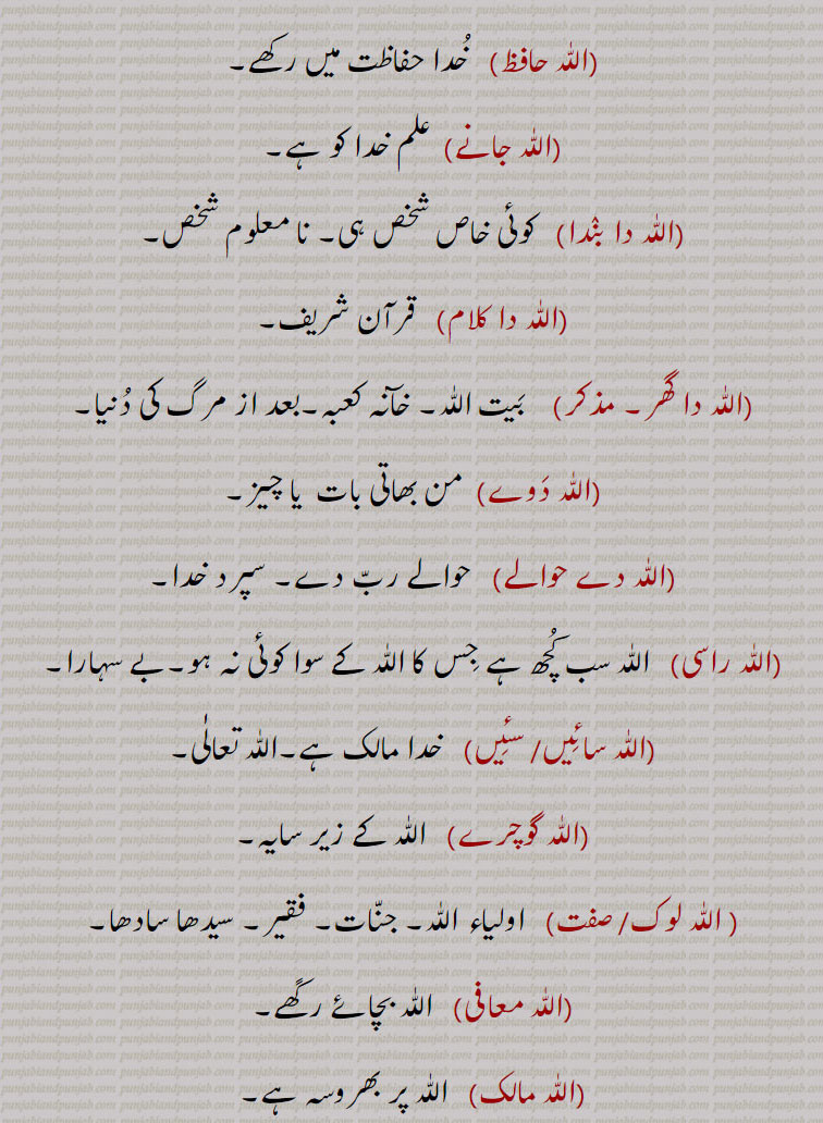  اللّٰہ ,,اللّٰہ ہو اکبر, اللّٰہ اللّٰہ, اللّٰہ اللّٰہ تے خیر سلّا, اللّٰہ اللّٰہ کر جانا, اللّٰہ اللّٰہ کرنا, اللّٰہ امان, اللّٰہ اُنِینٛدی, اللّٰہ اُنِینٛدی دا پُت/ دھی, اللّٰہ بخشے, اللّٰہ بھاویں, اللّٰہ بیلی, اللّٰہ تعالیٰ, اللّٰہ بیلی کرنا, اللّٰہ توکّل, توکّلی, اللّٰہ تے ڈوری, اللّٰہ جلَّ شانہ, اللّٰہ حافظ, اللّٰہ جانے, اللّٰہ دا بنٛدا, اللّٰہ دا کلام, اللّٰہ دا گھر, اللّٰہ دَوے, اللّٰہ دے حوالے, اللّٰہ راسی, اللّٰہ سائِیں, اللّٰہ گوچرے,  اللّٰہ لوک, اللّٰہ معافی, اللّٰہ مالک, اللّٰہ لیکھے ,  اللّٰہ لگدی, اللّٰہ کرے,اللّٰہ منّا, اللّٰہ مِیاں,اللّٰہ مِیاں دی گاں,اللّٰہ مِیاں دی گھوڑی,اللّٰہ میلے,اللّٰہ نُوں پِیارا پونا,اللّٰہ نہ دِکھاوے,اللّٰہ والا,اللّٰہ والے,اللّٰہ والی,اللّٰہ ہُو,,اللّٰہ ہوچرے, اللّٰہ ہی اللّٰہ ہے,Allah,ਅੱਲਾਹ
