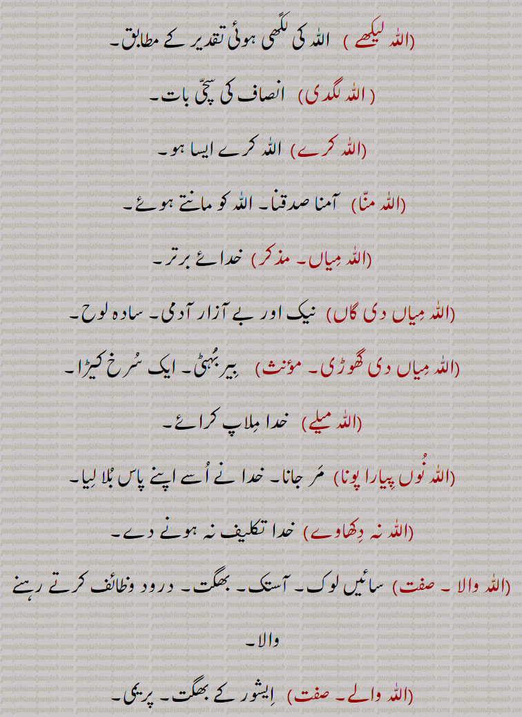  اللّٰہ ,,اللّٰہ ہو اکبر, اللّٰہ اللّٰہ, اللّٰہ اللّٰہ تے خیر سلّا, اللّٰہ اللّٰہ کر جانا, اللّٰہ اللّٰہ کرنا, اللّٰہ امان, اللّٰہ اُنِینٛدی, اللّٰہ اُنِینٛدی دا پُت/ دھی, اللّٰہ بخشے, اللّٰہ بھاویں, اللّٰہ بیلی, اللّٰہ تعالیٰ, اللّٰہ بیلی کرنا, اللّٰہ توکّل, توکّلی, اللّٰہ تے ڈوری, اللّٰہ جلَّ شانہ, اللّٰہ حافظ, اللّٰہ جانے, اللّٰہ دا بنٛدا, اللّٰہ دا کلام, اللّٰہ دا گھر, اللّٰہ دَوے, اللّٰہ دے حوالے, اللّٰہ راسی, اللّٰہ سائِیں, اللّٰہ گوچرے,  اللّٰہ لوک, اللّٰہ معافی, اللّٰہ مالک, اللّٰہ لیکھے ,  اللّٰہ لگدی, اللّٰہ کرے,اللّٰہ منّا, اللّٰہ مِیاں,اللّٰہ مِیاں دی گاں,اللّٰہ مِیاں دی گھوڑی,اللّٰہ میلے,اللّٰہ نُوں پِیارا پونا,اللّٰہ نہ دِکھاوے,اللّٰہ والا,اللّٰہ والے,اللّٰہ والی,اللّٰہ ہُو,,اللّٰہ ہوچرے, اللّٰہ ہی اللّٰہ ہے,Allah,ਅੱਲਾਹ