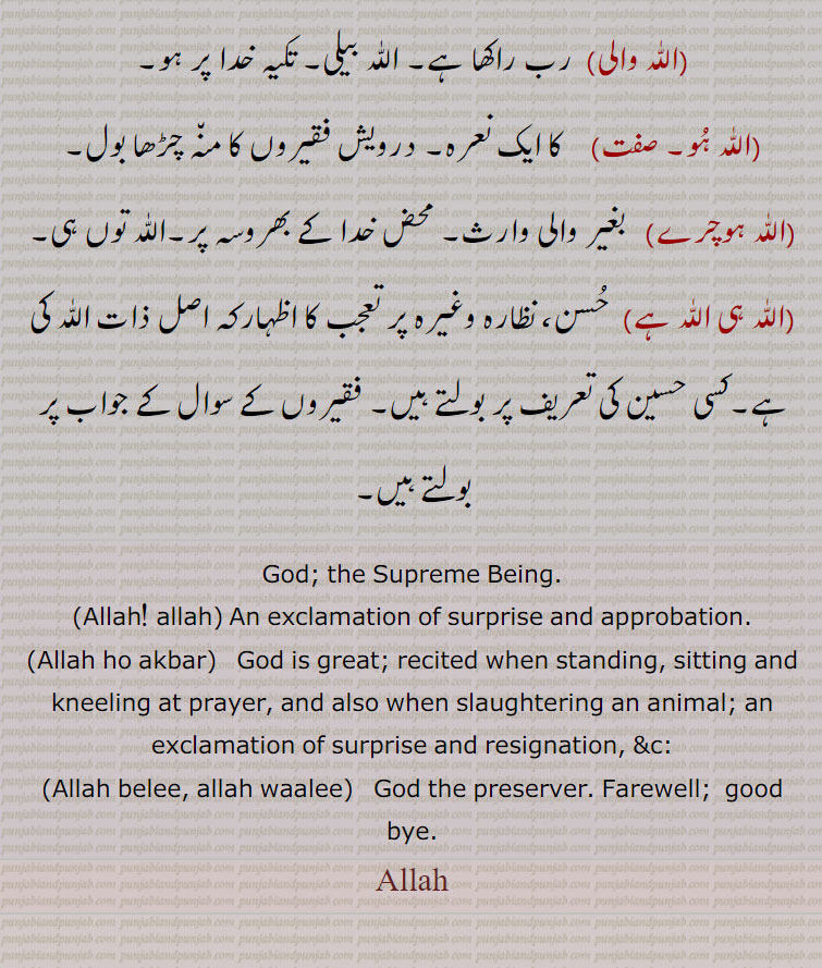  اللّٰہ ,,اللّٰہ ہو اکبر, اللّٰہ اللّٰہ, اللّٰہ اللّٰہ تے خیر سلّا, اللّٰہ اللّٰہ کر جانا, اللّٰہ اللّٰہ کرنا, اللّٰہ امان, اللّٰہ اُنِینٛدی, اللّٰہ اُنِینٛدی دا پُت/ دھی, اللّٰہ بخشے, اللّٰہ بھاویں, اللّٰہ بیلی, اللّٰہ تعالیٰ, اللّٰہ بیلی کرنا, اللّٰہ توکّل, توکّلی, اللّٰہ تے ڈوری, اللّٰہ جلَّ شانہ, اللّٰہ حافظ, اللّٰہ جانے, اللّٰہ دا بنٛدا, اللّٰہ دا کلام, اللّٰہ دا گھر, اللّٰہ دَوے, اللّٰہ دے حوالے, اللّٰہ راسی, اللّٰہ سائِیں, اللّٰہ گوچرے,  اللّٰہ لوک, اللّٰہ معافی, اللّٰہ مالک, اللّٰہ لیکھے ,  اللّٰہ لگدی, اللّٰہ کرے,اللّٰہ منّا, اللّٰہ مِیاں,اللّٰہ مِیاں دی گاں,اللّٰہ مِیاں دی گھوڑی,اللّٰہ میلے,اللّٰہ نُوں پِیارا پونا,اللّٰہ نہ دِکھاوے,اللّٰہ والا,اللّٰہ والے,اللّٰہ والی,اللّٰہ ہُو,,اللّٰہ ہوچرے, اللّٰہ ہی اللّٰہ ہے,Allah,ਅੱਲਾਹ