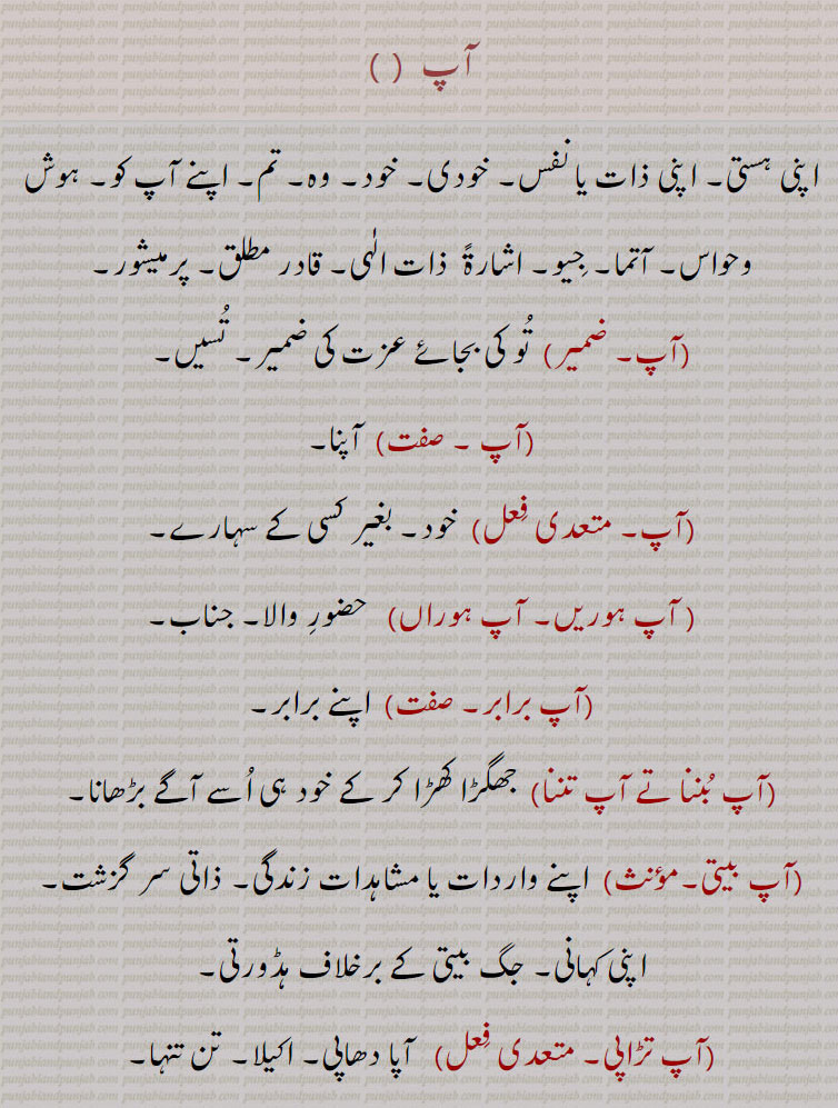 آپ,آپاں,آپے, aap , ਆਪ, aap hudra, aap muhara , ਆਪ ਹੁਦਰਾ , ਆਪ ਮੁਹਾਰਾ ,aap hudra, aap muhara , ਆਪ ਹੁਦਰਾ , ਆਪ ਮੁਹਾਰਾ ,apa ,ਆਪਾ ,apaaN ,ਆਪਾਂ ,,Ape, ਆਪੇ,Ape ape, ap beeti, ap suaarthi, ap vichch di,  apdharaap,ਆਪਧਰਾਧ ,  apo apna,ਆਪੋ ਆਪਣਾ,app horeen, app suaarthi. app vich di. apo apna  ,apodhaai,ਆਪੋਧਾਈ ,  apodhaap, ਆਪੋਧਾਪ, apodhaapi , ਆਪੋਧਾਪੀ,   apoN, ਆਪੋਂ, apooN, ap biti,ap suaarthi,ape aap   آپ ہوریں  , آپ برابر بربر, آپ بننا تے آپ تننا, آپ بیتی, آپ تڑاپی, آپ تھوں آپ, آپے آپ, آپی آپ,, آپ سوارتھ, آپ سوارتھی, آپ وچ دی, آپ دھراپ, آپ دھڑاپ, آپودھاپ, آپ جوگا, آپ خودرا, آپ ڈو دیکھنا, آپ زورا,آپ روپ, آپ روپی, آپ سداریل, آپ سروپ, آپ سواں, آپ کاج, آپ کاجی, آَ کلاپا,۔ آپ کنوں, آپ کنوں آپ, آپ کوں,آپ متا, آپ متیا۔ آپ مونہاناں, آپ مہارا۔ آپ مہارے, آپ مہارا, آپ وسا,آپ ہدرا, آپا, آپا بھاؤ, آپ بھل جانا, آپا بھلنا, آپا برگنانا,آپ صدقے کرنا, آپا وارنا, آپاں, آپا دا, آپو اپنا, آپوآپنی,,آپو, آپو آپنی پینا, اپنی اپنی پینا, آپو آپنی ہوگ نوں گیڑنا, آپو والی گل, آپوں وانڑی, آپوں ہانڑی, آپوں وانی,آپوں وچ وانڑی, آپوں وچ ہانڑی, آپو آپنی چلانا, آپو دھاپ, آپوں دھاپ, آپو دھاپ, آپو دھاپنا, آپودھراپنا, آپو دھائی, آپا دھاپی, آپوں, آپوں,آپوں ہی آپوں, آپے, آپے آپ, آپو رُماں, آپوڑی, آپا ونجانا