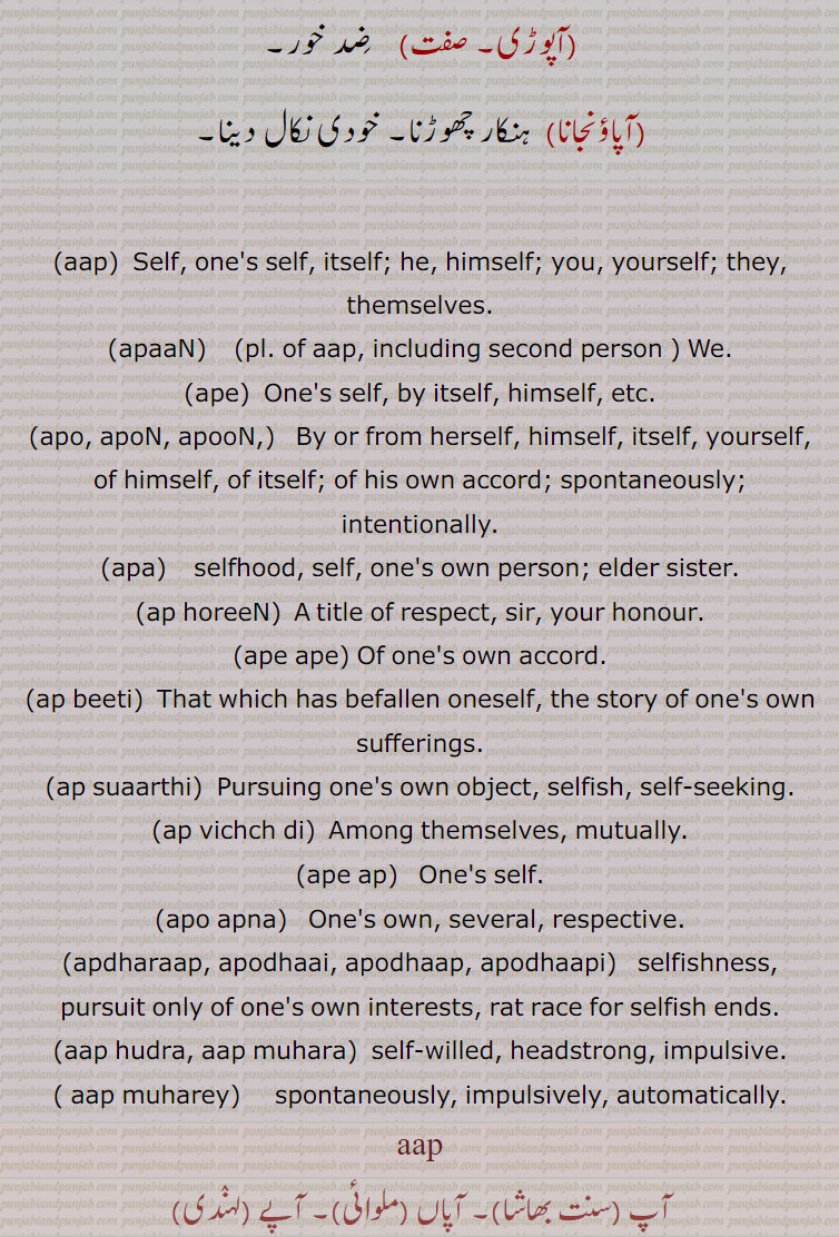 آپ,آپاں,آپے, aap , ਆਪ, aap hudra, aap muhara , ਆਪ ਹੁਦਰਾ , ਆਪ ਮੁਹਾਰਾ ,aap hudra, aap muhara , ਆਪ ਹੁਦਰਾ , ਆਪ ਮੁਹਾਰਾ ,apa ,ਆਪਾ ,apaaN ,ਆਪਾਂ ,,Ape, ਆਪੇ,Ape ape, ap beeti, ap suaarthi, ap vichch di,  apdharaap,ਆਪਧਰਾਧ ,  apo apna,ਆਪੋ ਆਪਣਾ,app horeen, app suaarthi. app vich di. apo apna  ,apodhaai,ਆਪੋਧਾਈ ,  apodhaap, ਆਪੋਧਾਪ, apodhaapi , ਆਪੋਧਾਪੀ,   apoN, ਆਪੋਂ, apooN, ap biti,ap suaarthi,ape aap   آپ ہوریں  , آپ برابر بربر, آپ بننا تے آپ تننا, آپ بیتی, آپ تڑاپی, آپ تھوں آپ, آپے آپ, آپی آپ,, آپ سوارتھ, آپ سوارتھی, آپ وچ دی, آپ دھراپ, آپ دھڑاپ, آپودھاپ, آپ جوگا, آپ خودرا, آپ ڈو دیکھنا, آپ زورا,آپ روپ, آپ روپی, آپ سداریل, آپ سروپ, آپ سواں, آپ کاج, آپ کاجی, آَ کلاپا,۔ آپ کنوں, آپ کنوں آپ, آپ کوں,آپ متا, آپ متیا۔ آپ مونہاناں, آپ مہارا۔ آپ مہارے, آپ مہارا, آپ وسا,آپ ہدرا, آپا, آپا بھاؤ, آپ بھل جانا, آپا بھلنا, آپا برگنانا,آپ صدقے کرنا, آپا وارنا, آپاں, آپا دا, آپو اپنا, آپوآپنی,,آپو, آپو آپنی پینا, اپنی اپنی پینا, آپو آپنی ہوگ نوں گیڑنا, آپو والی گل, آپوں وانڑی, آپوں ہانڑی, آپوں وانی,آپوں وچ وانڑی, آپوں وچ ہانڑی, آپو آپنی چلانا, آپو دھاپ, آپوں دھاپ, آپو دھاپ, آپو دھاپنا, آپودھراپنا, آپو دھائی, آپا دھاپی, آپوں, آپوں,آپوں ہی آپوں, آپے, آپے آپ, آپو رُماں, آپوڑی, آپا ونجانا