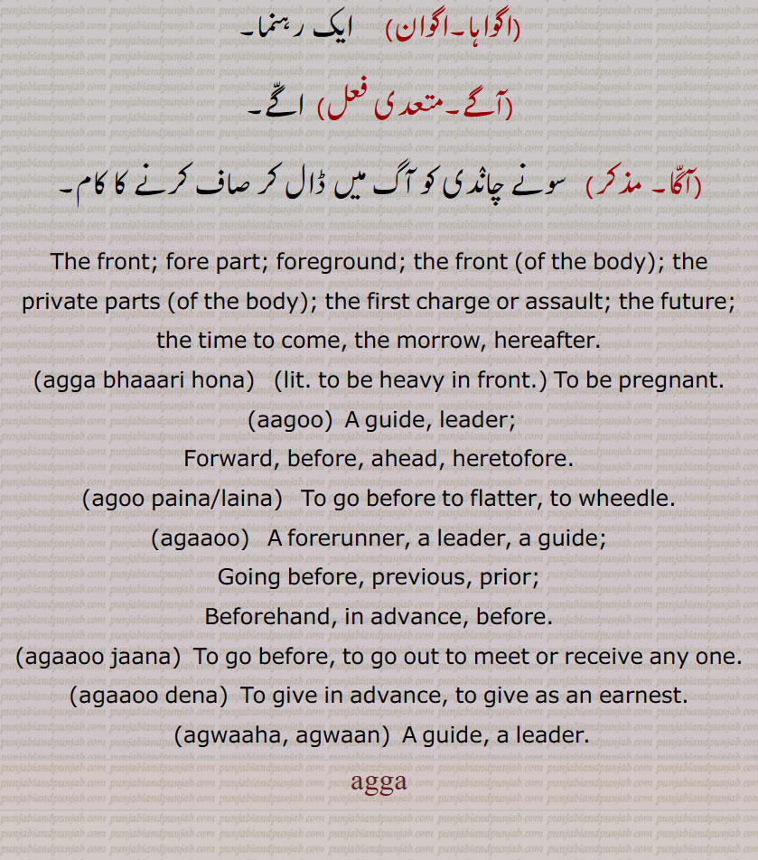 ,آگے,agga bhaaari hona, aagoo, agoo paina/laina, agaaoo, agaaoo jaana, agaaoo dena, agwaaha, agwaan,agga  ,ਅੱਗਾਂ,ਅੱਗਾ, aagoo, ਆਗੂ, agaaoo, ਅਗਾਊ, agwaaha,  ਅਗਵਾਹਾ, agwaan,ਅਗਵਾਨ,,pioneer,leader , ,ਅੱਗਾ,  آگاؤ,آگو,آگو پینا