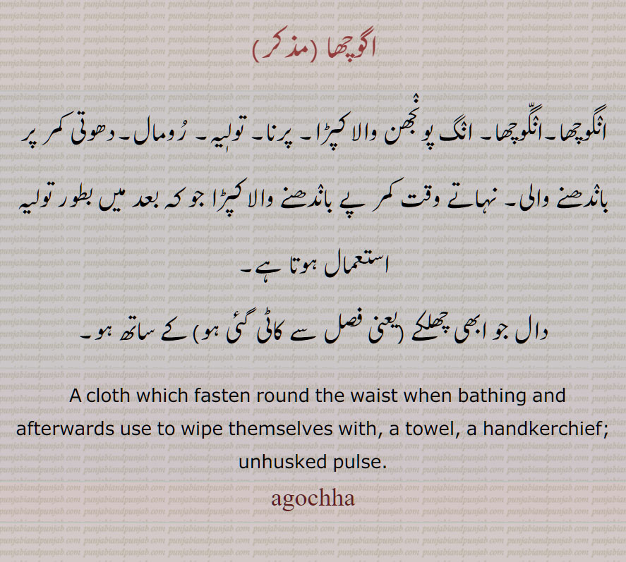 اگوچھا ,انگوچھا, تولیہ, رومال, دال  چھلکے  کے ساتھ ہو,  towel, a handkerchief; unhusked pulse, agochha, ਅੰਗੋਛਾ, anggochha, ਅਗਛਾ 