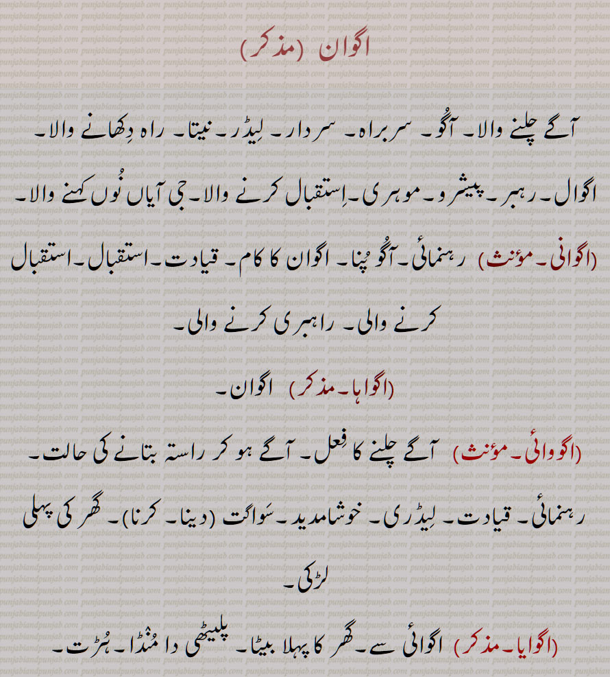 اگوان , آگے چلنے والا, آگو,, سربراہ, سردار, لیڈر,نیتا, راہ دکھانے والا, اگوال,رہبر,پیشرو,موہری,استقبال کرنے والا,جی آیاں نوں کہنے والا, اگوانی, اگواہا, اگووائی,اگوایا, A guide, a leader, agwaaha, agwaai, gwaaiya, agwaan, agwaha, ਅਗਵਾਹਾ,agwan,  ਅਗਵਾਨ, 
