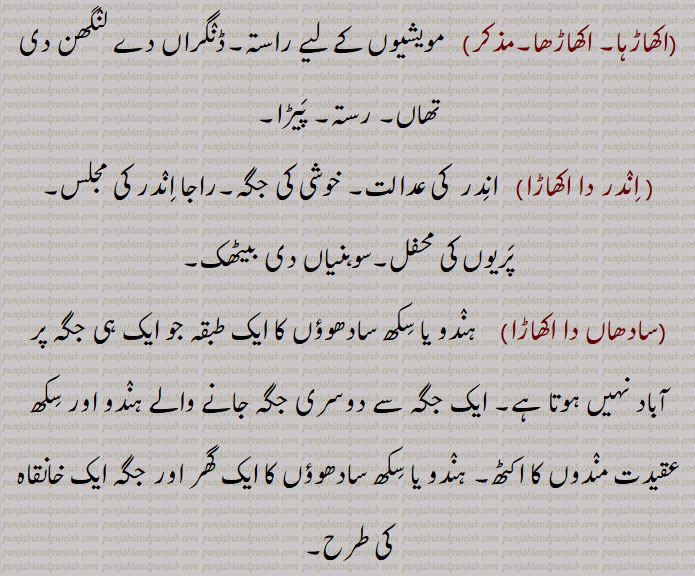  اکھاڑا,akhaara, ਅਖਾਡ਼ਾ ,اکھاڑا, کھاڑھا,کھاڑا,اکھاڑا جمنا,اکھاڑا گرم ہونا,اکھاڑا مچنا,  فساد جاگنا, جھگڑا اٹھنا, گھول مچنا,اکھاڑا بنھنا,اکھاڑہا, اکھاڑھا, اندر دا اکھاڑا,سادھاں دا اکھاڑا,A place of wrestling or fencing, any place of assembling for sport or other purpose,Indar da akhhaaRa,saadhaaN da akhhaaRa,akhhaaRa jamauna,akhhaaRa, akhhaaRha,wrestling pit,akhhaaRa baNnhana,  ਅਖਾੜਾ ਬੰਨ੍ਹਣਾ ,, 