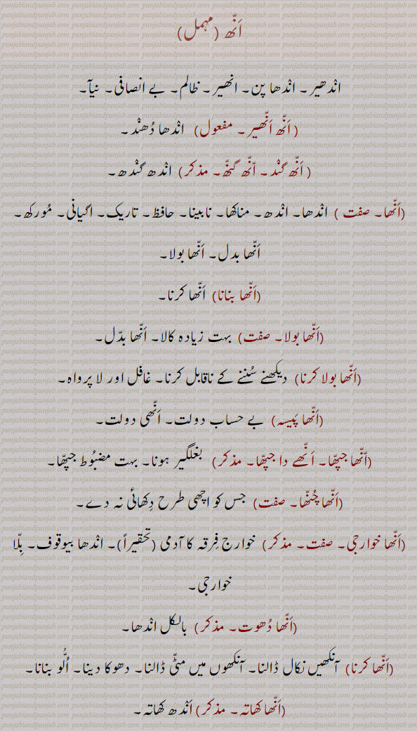  انھ ، انھا، ،انھی,annha,ਅਨਾੱ,annhi,ਅੱਨੀ,  ਅਨੱਹ,  انھ انھیر,انھ,انھ گند,انھ گنھ,انھا,انھا جپھا,انھا چنھا,انھا خوار جی,انھا دھوت,انھا کھاتہ,انھا کھڈو,انھا گھوڑا,انھا ہونا,انھی,انھی پینا,انھی دھوتنی,انھی دھنا سری,انھی کانی,انھی کھیلنا,انھی مجھیں دا ماس,انھے,انھے اگے,انھے دے تھیہ,انھا کھوہ,انھے کھو وچ,انھے دا جپھا,انھے واہ,انھیاں نوں وی دسنا, 