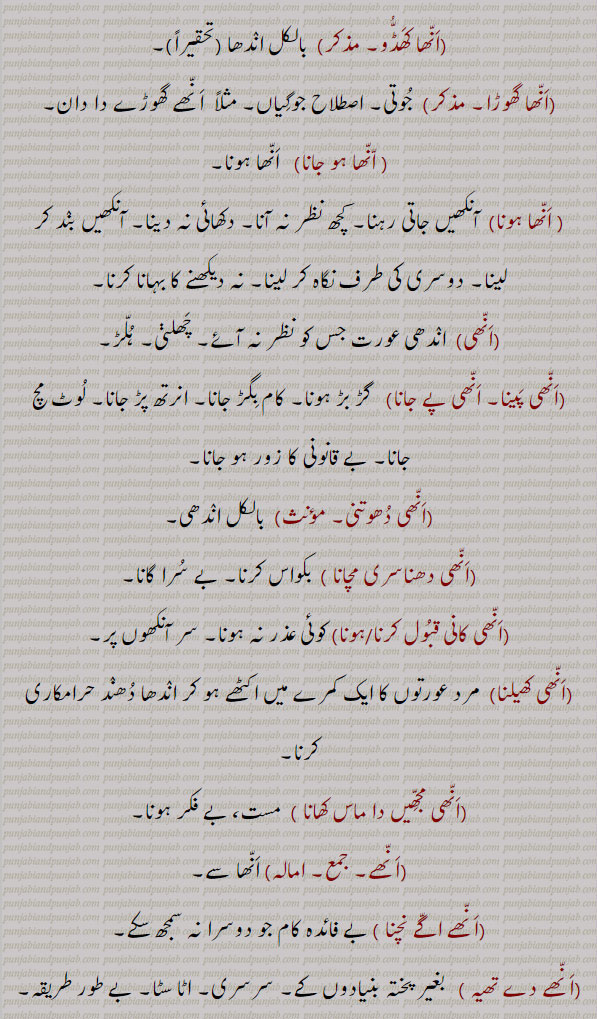  انھ ، انھا، ،انھی,annha,ਅਨਾੱ,annhi,ਅੱਨੀ,  ਅਨੱਹ,  انھ انھیر,انھ,انھ گند,انھ گنھ,انھا,انھا جپھا,انھا چنھا,انھا خوار جی,انھا دھوت,انھا کھاتہ,انھا کھڈو,انھا گھوڑا,انھا ہونا,انھی,انھی پینا,انھی دھوتنی,انھی دھنا سری,انھی کانی,انھی کھیلنا,انھی مجھیں دا ماس,انھے,انھے اگے,انھے دے تھیہ,انھا کھوہ,انھے کھو وچ,انھے دا جپھا,انھے واہ,انھیاں نوں وی دسنا, 