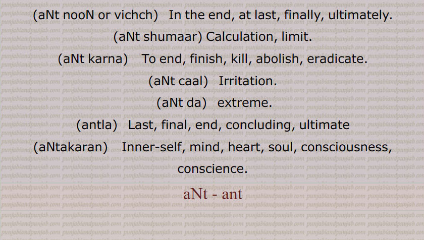 انت ,ant, ਅੰਤ,ਅਨਤ,انت,ان٘ت دا,ان٘ت شُمار,ان٘ت کال,ان٘ت کرنا,ان٘ت کال,ان٘ت کرِیا,ان٘ت لَینا,گِھننا,ان٘ت متا,ان٘ت نُوں,ان٘ت نہ آنا,ان٘ت وِچ,ان٘ت ویلا,ان٘تا کرن,ان٘تلا,ان٘تاں چانِیاں,ان٘تاں دا,ان٘تی بِیڑا,ان٘تی جوآ/ جوگا, ant kaaal or samen or wele, ant noon or vichch, ant shumaar, ant samaan ant caal, ਅੰਤ ਸਮਾਂ ਅੰਤ ਕਾਲ , ant karna,  ਅੰਤ ਕਰਨਾ, ant caal, ਅੰਤਕਾਲ, ant da, ਅੰਤ ਦਾ  extreme, antla, ਅੰਤਲਾ,  Last, final, end, concluding, aNtakaran,  ਅੰਤਾਕਰਨ , conscience,  ਅੰਤ, ant, ਅਨਤ,, 