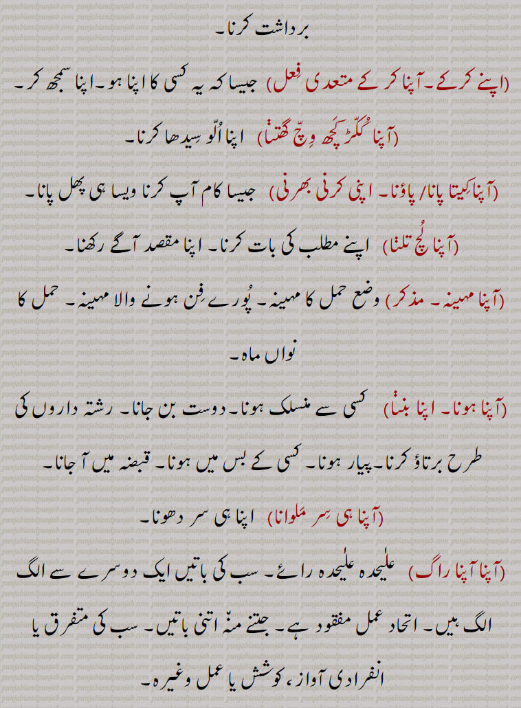 اپنا،آپنا،آپن،اپناؤنا،آپنا آپ پچھاننا،آپنا آپنا،آپنا الو سدھا کرنا،آپنا بگانہ، آپنا پرایا،اپنا کر لینا۔آپنا بنا لینا،آپنا بھار آپ چکنا،آپنا بھت گھاٹا کرنا،اپنا راگ گاؤنا،آپنا راگ الاپنا، اپنی ماری،مارے جانا،  اپنی بڑائی آپ کرنا، پھڑ مارنا،آپنا سر منہ پِٹنا، اپنی کرنی بھرنی، اپنے کرکے،آپنا کر کے،آپنا  ککڑ کچھ وچ گھتنا،آپنا کِتا پانا، پاؤنا،اپنی کرنی بھرنی،آپنا لچ تلڽا،آپنا مہینہ،آپنا ہونا۔ اپنا بننا،آپنا ہی سر ملوانا،آپنا آپنا راگ،اپنا۔ ,apna  , ਆਪਣਾ  ਅਪਣਾਉਣਾ,