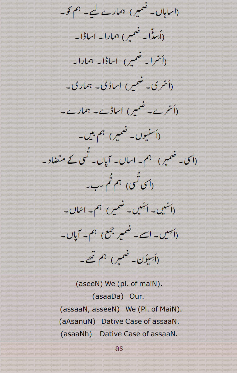  اسیں  ,اس تس,اسیں تسیں,اساڈا, اساڈڑا, اساڑا ,اساں,اساں کوں,اساں کی,اساں ول,اسانوں,اسانہہ,اسانہجی,اساہنجی,اساہاں,اسرا,اسری,اسرے,اسنیوں,اسی,اسی تسی,اسیں, اسیں,اسیں, اسمے,اسیون,, ,as,ਅਸ,aseen,ਅਸੀਂ,asaada,assaan,asseen,ਅਸਾਂ,asanun,asaanh,,  