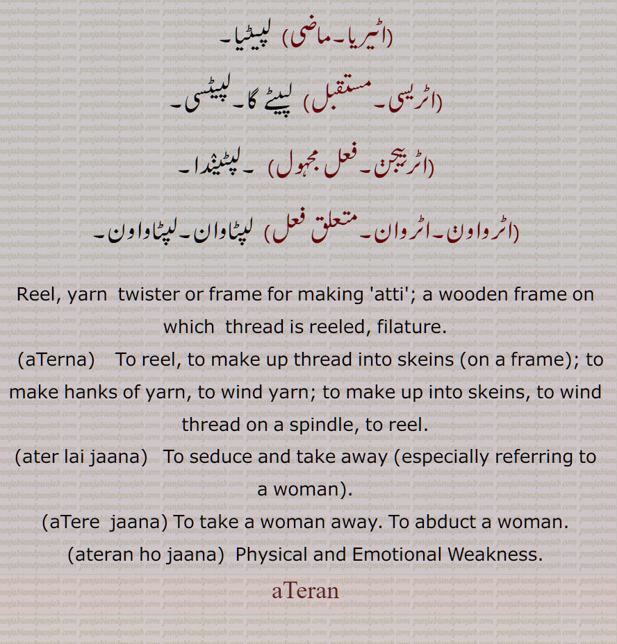 اٹیرن , وہ چیز یا آلہ جس پر انٹی یا اٹی بنانے کے لیے سوت لپیٹتے ہیں,کاوہ, ہاتھ پاؤں نشے یا بیہوشی وغیرہ میں  الٹے سیدھے ہو جائیں, کھیل کا نام , کشتی کا ایک دانو, شال دوزوں کی سوئی ,پٹھانی کشیدہ  کی ایک قسم,,اٹیرنی, چھوٹی اٹیرن, اٹیرن پھرانا ,اٹیرن پھیرنا ,اٹیرن دینا, گھوڑے نوں ایڑ لانا,اٹیرنا, اٹیرو,,رسی بٹنے کا چکر, چرخی, اٹیروا, اٹیر, اٹیرن,  تکلا, ریل, اٹیرنا,لپیٹنا, اٹریندا, اٹیریا, اٹریسی, اٹرییجن,  اٹرواون,اٹروان, Reel, yarn  twister or frame for making  atti , a wooden frame on which  thread is reeled, filature, aTerna, ater lai jaana, aTere  jaana, ateran ho jaana,aTeran,  " ਟੇਰਣ, ਅਟੇਰਣਾ, ਅਟੇਰਨ, ਅਟੇਰਨਾ 
