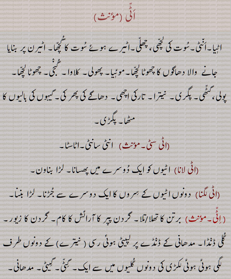    اٹی , اٹیا,انٹی,سوت کی لچھی, چھلی,اٹیرے ہوئے سوت کا گچھا, اٹی سٹی,انٹی سانٹی,اٹاسٹا, اٹی لانا, اٹی لگنا,  اٹی,  برتن کا  تلا, گردن کا زیور,گلی ڈنڈا, مدھانی کے ڈنڈے پر لپیٹی , اٹیئے آؤ, کھلاڑیوں کو چننے کا طریقہ,  Skein; a hank of thread, or skein so wound that the threads cross each other at each turn, aTi, Friend, aTiye aau, aTTi,ਅੱਟੀ, ਇੱਟੀ