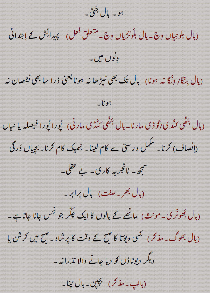 Child, infant, young one, offspring; ball, hair; a crack in a cup, glass, or earthenware; a prop, a support, a dependence; wind, breeze, ,baal bannhi kandi maarni, baal biNga na hona, baal launa, baal toR, baal awastha,baal bachche, baal bhog, baal buddh, baal buddhi, baal gopaal, baalpan, baalpuna, baal raND, baal widwa, baal awastha, baalapan, balapuna, ball bachcha, baal bachedaar, baal bodh, baall wares, baal waaRi, baal jatti, baal janana, baal Dahana, baal satana, baaal saTwaawana, Bal kaDhwaawana, baal raksha, baal, 