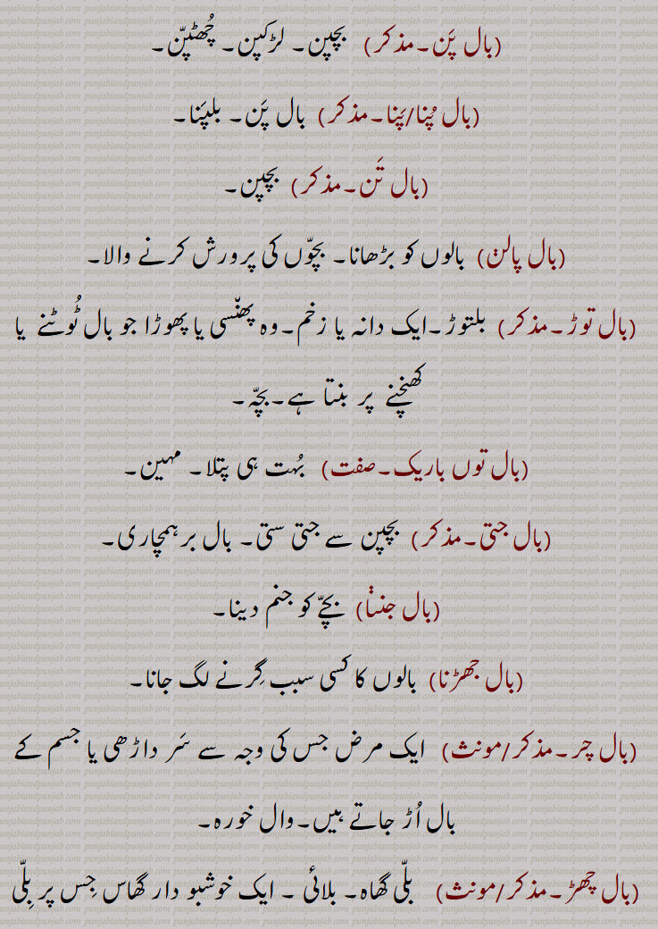 Child, infant, young one, offspring; ball, hair; a crack in a cup, glass, or earthenware; a prop, a support, a dependence; wind, breeze, ,baal bannhi kandi maarni, baal biNga na hona, baal launa, baal toR, baal awastha,baal bachche, baal bhog, baal buddh, baal buddhi, baal gopaal, baalpan, baalpuna, baal raND, baal widwa, baal awastha, baalapan, balapuna, ball bachcha, baal bachedaar, baal bodh, baall wares, baal waaRi, baal jatti, baal janana, baal Dahana, baal satana, baaal saTwaawana, Bal kaDhwaawana, baal raksha, baal, 