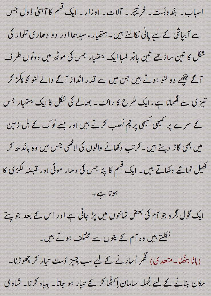  جو کبوتر کے پاؤں میں ڈالتے ہیں,تیر, آہر, کام, کار, روزگار,پیشہ, کاروبار, ملازمت, دعوت, دلیر,رنگ ڈھںگ, , شکل صورت, عادت, خو, شرط, بازی, داؤ,جنگل، دیرانہ,گولا، داس,,بانا بدلنا, سامان, اسباب,  بندوبست, فرنیچر, آلات, اوزار, ایک قسم کا آہنی ڈول,ہتھیار,گرہ جو آم کی بعض شاخوں میں ,بانا بنھنا,بانا تھیون,بانے,بانات),باناتی,باناتی جتی ,Dress, habit, apparel, grab, profession, business, employment, calling vocation, dress, the woof in weaving, baana bannhna, banaat, banaati, baanaati, banaati jutti,بانا ,baana,ਬਾਣਾ, ਬਾਨਾ, ਬਨਾਤ, ਬਨਾਤੀ,  