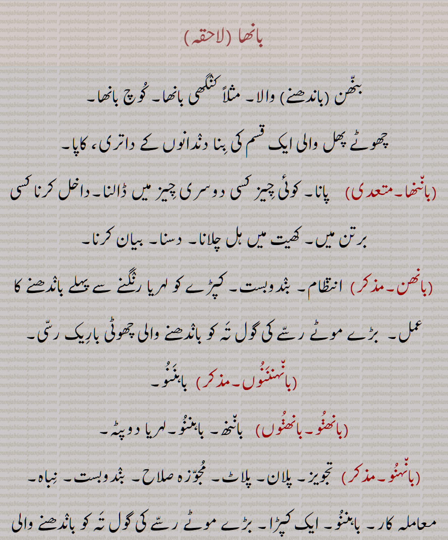 بانھا , باندھنے  والا, باننھا, بانھن, بانہنننوں, باہننو,بانھنو,بانھنوں,لہریا دوپٹہ, بانہنو,بانھنو بنھنا, بانھنی, بانھنے, بانھو, بانھواں, بنھواں, One who ties or binds, baaNnhna, baaNhnoo, baaNhnanoo, baanha, ਬਾਂਨ੍ਹਾ, ਬਾਨ੍ਹਾ, ਬਾਂਹਨਨੂ, ਬਾਂਹਨ ,