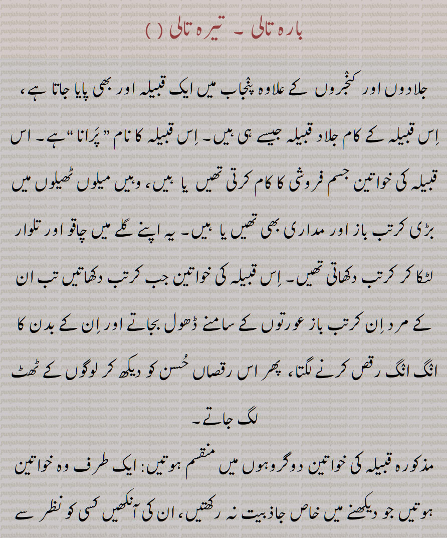 بارہ تالی, تیرہ تالی ,تیراں تالی , تیرھاں  تالی ,تیرہاں تالی , ایک قبیلہ , پَرانا ,,تیرھاں تالن,  تیرھاں تالی,  بہت چالاک, ہوشیار عورت, چلتر عورت, baara taali, terah taali, very clever, cunning woman 