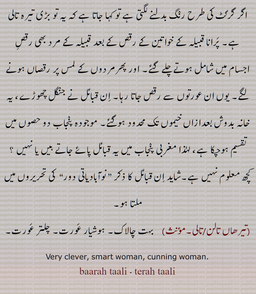 بارہ تالی, تیرہ تالی ,تیراں تالی , تیرھاں  تالی ,تیرہاں تالی , ایک قبیلہ , پَرانا ,,تیرھاں تالن,  تیرھاں تالی,  بہت چالاک, ہوشیار عورت, چلتر عورت, baara taali, terah taali, very clever, cunning woman 