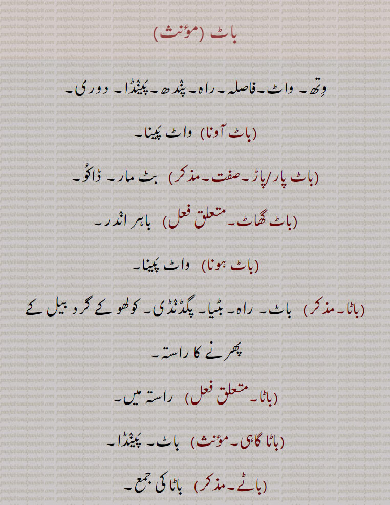   باٹ  baat ,ਬਾਟ, baata,ਬਾਟਾ, baatta, ਬਾਟਾੱ ,baati,ਬਾਟਾ,باٹی  باٹا ,باٹ آونا,باٹ پار/پاڑ,باٹ گھاٹ,باٹ ہونا,باٹا گاہی,باٹے,باٹاں بننا,باٹلی,باٹے گھاٹ,باٹنا,, 