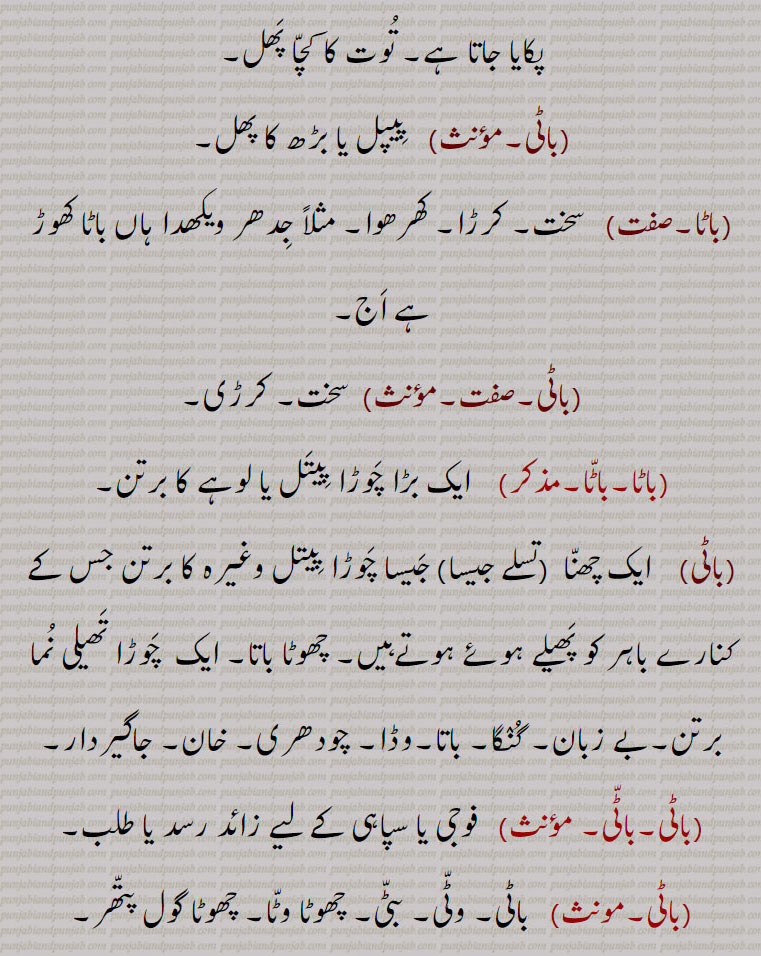   باٹ  baat ,ਬਾਟ, baata,ਬਾਟਾ, baatta, ਬਾਟਾੱ ,baati,ਬਾਟਾ,باٹی  باٹا ,باٹ آونا,باٹ پار/پاڑ,باٹ گھاٹ,باٹ ہونا,باٹا گاہی,باٹے,باٹاں بننا,باٹلی,باٹے گھاٹ,باٹنا,, 