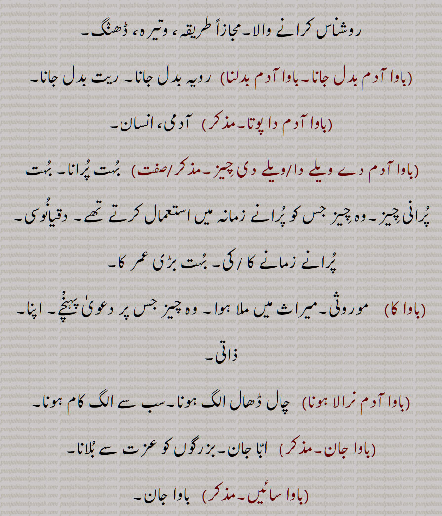 کھتریوں کا شریف آدمی, مہنت,سادھو, فقیر,سنیاسی,بڑا آدمی، بزرگ ،سردار  وغیرہ , بھگت, ولی اللّٰہ,بونپیا, ببوا,گھر کا مالک  ,بچے کی شکل کا کھلونا,مٹی کا پتلا,بابا, خوبصورت بچہ,انگریز کا بچہ  , کوئی شخص مخاطب کے طور پر , پیر, مخبوط الحواس, باپ, والد, پتا,استاد,گرو, میاں, بھائی, ,بچہ، بیٹا,,باوا آدم,بابا آدم,,باوا آدم بدل جانا,باوا آدم بدلنا,باوا آدم دا پوتا,,باوا آدم دے ویلے دا,باوا آدم دے ویلے دی چیز,باوا کا,باوا آدم نرالا ہونا,باوا جان,باوا سائیں,باوا فریدؒ,,بابا فریدؒ,,باوا لوک, باوی,باوا,باواں,باواں گوری,باوا گوری,, باوے مارگ,وام مارگ ,باوا,وبا, بوا, ببا, وبائی,, A title given to the male descendants of the first three Gurus of the Sikhs; saint, faquir, hermit; toy-child; sweet child; a term used to frighten small children; a faqir or sadhu (saadho); the head of an order of monks; a form of address used by beggars or  saadho  towards the master of a house and the people generally; a term of respect equivalent to Sir; (European children are called 'baawa' log by native servants.); gentle man of Bhalla sub caste of Khatris; toy child; small, cute child, baawa, baawaagori,bawa,vaba,, baawa, باوا ,baawa,ਬਵਾ