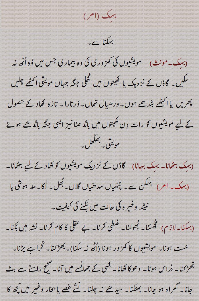  بہک,مویشیوں کی کمزوری کی وہ بیماری جس میں وُہ اُٹھ نہ سکیں, کُھلی جگہ جہاں مویشی اکٹھے چلیں پھریں  یا اکٹھے بنٛدھے ہوں,ورھیال تھاں,بہِک بٹھانا, بہِک بہانا,بہکنا, بُھولنا,نشہ میں بَکنا,مَست ہونا, دھوکا کھانا,اول فول بکنا, لڑکھڑانا,بہکن,بہک جانا,بہکانا, بہکاؤنا,بہکاوا,بہکڑ,بہکڑا,بہکل,بہکِیا, بہکار,بہکاوٹ,بہکاوے وِچّ آ جانا,بہکاوے وِچّ آنا,بہکھڑن,بہک,بہکیاں بہکیاں پھرنا,bahik jaana,bahikauna, ਬਹਿਕਾਉਣਾ, to baulk,bahikna,  ਬਹਿਕਣਾ,to be baulked,to be intoxicated,bahikal,  ਬਹਿਕਲ, animal that refuses to work, or to be driven,bahik bahauni,  ਬਹਿਕ ਬਹਾਉਣੀ ,bahikal, ਬਹਿਕਲ਼ ,prone to sit down when yoked,bahika,ਬਹਿਕਾ ,bahikauna, ਬਹਿਕਾਉਣਾ, to intoxicate,bahikaava,ਬਹਿਕਾਵਾ, deception, seduction,bahikaave wich jaana, ਬਹਿਕਾਵੇਵਿਚ ਆ  ਜਾਣਾ , to be misled, inveigled,,bahik, ਬਹਿਕ , 