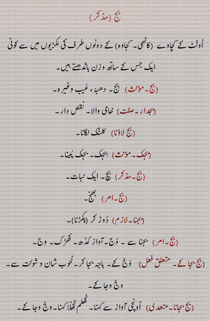 بج دھبَ, عیب,بجدار, نقص دار,بج لاؤنا,بجک,بجنا,بج بجا کے,وج کے,بج بجانا,بجاک,بجانا, بجاون ہارو,بجتر,بجنا,  وجنا,بجنتر,  وجنتر, باجہ, حقہ,بجنترن, وجنترن,جو باجہ بجائے,بجویا, باجہ بجانے والا, وج,baj laana, baj laagana,  To be stained, blotted, to find fault,,بج ,baj, ਬਜ,  