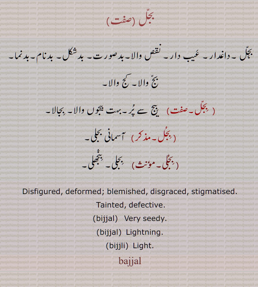  بجل  , بجلی,bajjal  ,  bijjli,   defective, ਬੱਜਲ, bijjal,ਬੱਜਲੀ,آسمانی بجلی ,  بِجّل, بدصورت، بدشکل؛ داغدار، بدنام، بدنما, adjective, disfigured, deformed; blemished, disgraced, stigmatised,