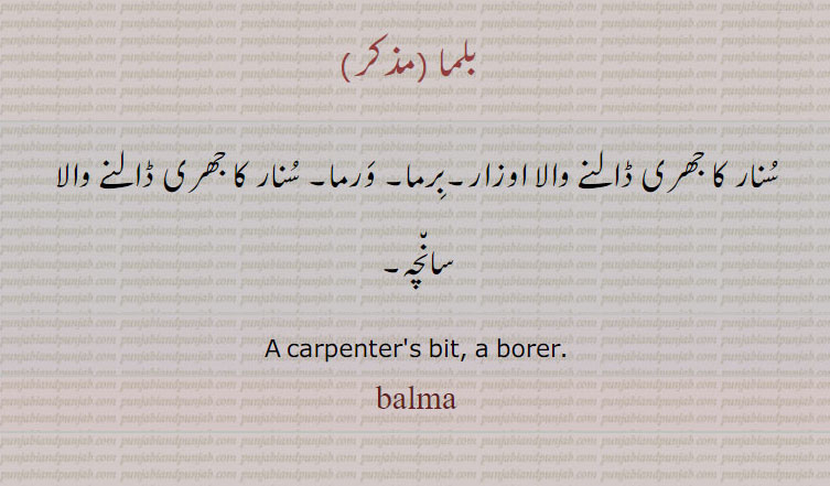 ਬਰਮਾ,بلما ,ورما,برما,balma,warma, ਵਰਮਾ،A carpenter's bit, a borer.  A gimlet; an auger, an awl 