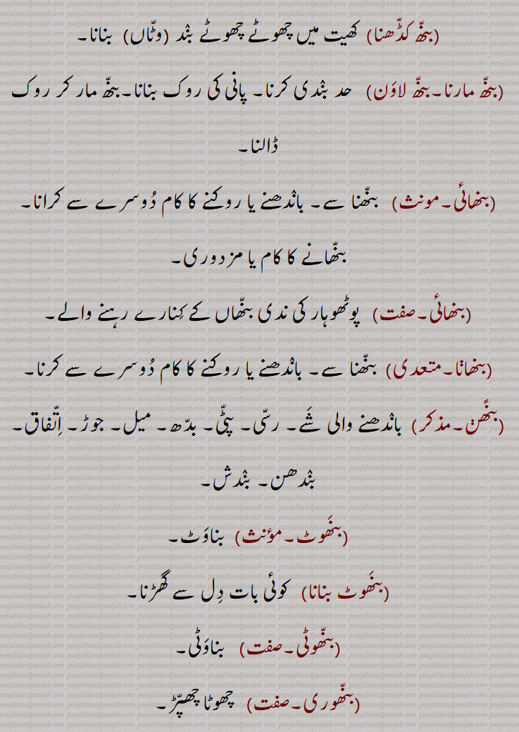 بنھ ,بنہہ, بنہہ, بنھنا سے, باندھ, بنا, ٹھہرا, بن, تالاب جوہڑ, چھپڑ, بیل کی پیٹھ اور گردن کے جوڑ پر قدرتی اٹھا ہوا ابھار, باندھنے کا عمل یا حالت,حد بندی, حد, میںڈ, باڑا, باندھ,روک,بندھیج,بندش, قبض, اپھرا, پیشاب یا پاخانے نہ آنے کی بیماری,بند یا مینڈھ جو پانی روکنے کے لئے کھیت کے اردگرد بنایا جاتا ہے,وٹاں, ٹھلھ, کھیت کا پانی ایک کیارے سے دوسرے کیارے کی طرف موڑنے کے لیے آڈ میں جو مٹی کا بند لگایا جاتا ہے,طغیانی کے پانی کو روکنے کے لیے بنایا گیا پشتہ, ندی، دریا کے پانی کو قابو میں رکھنے کے لیے بنائی گئی بہت اونچی دیوار,شلوار وغیرہ باندھنے کی جگہ,بنھ بنھائی,بنھ بنتر,بنھ بنھنا,بنھ بہانا,بنھ پینا,بنھ تیلیاں,بنھ بجھنا,بنھ ٹٹنا,بنھ ڈھلے ہونا,بنھ بنھیج,بنھ رنھ کے,بنھ سب,بنھ کڈھنا,بنھ مارنا,بنھ لاون,بنھائی,بنھائی,بنھانا,بنھن,بنھوٹ,بنھوٹ بنانا,بنھوٹی,بنھوری,بنھی,بنھی,بنھی رنھی کے,بنھاں,بنھنا,بانھنوں بنھنا,بنھنی,بنھواں,بنھوڑا,بنھوری,بنھوگیری,بنھیا رنھیا,بنھیڑ,بنھیڑ,بنھیلن,بنھیلن,بنھیلا,بنھیج,بنھیج,بنھیوا,بنھیون, بنھاونا, Dam, barrage, dyke, embankment;obstruction, clog, stoppage, block, a visceral disease causing intestinal obstruction,volvulus, hump ,bannhan,bannhana, bannhapaina,bannh banauna, bannh marna, bannh launa, ਬੰਨ੍ਹ, bannhan,bannhauna,bannhna,bannh, ਬੰਨ੍ਹੱਣ, ਬੰਨ੍ਹਣਾ, ਬੰਨ੍ਹਪੈਣਾ, ਬੰਨ੍ਹਬਣਾਉਣਾ, ਬੰਨ੍ਹਮਾਰਨਾ, ਬੰਨ੍ਹਲਾਉਣਾ, ਬੰਨ੍ਹਣ, ਬੰਧਨ, ਬੰਨ੍ਹਾਉਣਾ, ਬਨਵ੍ਹਾਉਣਾ, ਬੰਨ੍ਹ, ਬੰਨ੍ਹ,ਬੰਨ੍ਹਣਾ ,
