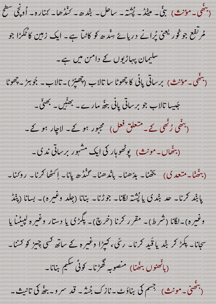 بنھ ,بنہہ, بنہہ, بنھنا سے, باندھ, بنا, ٹھہرا, بن, تالاب جوہڑ, چھپڑ, بیل کی پیٹھ اور گردن کے جوڑ پر قدرتی اٹھا ہوا ابھار, باندھنے کا عمل یا حالت,حد بندی, حد, میںڈ, باڑا, باندھ,روک,بندھیج,بندش, قبض, اپھرا, پیشاب یا پاخانے نہ آنے کی بیماری,بند یا مینڈھ جو پانی روکنے کے لئے کھیت کے اردگرد بنایا جاتا ہے,وٹاں, ٹھلھ, کھیت کا پانی ایک کیارے سے دوسرے کیارے کی طرف موڑنے کے لیے آڈ میں جو مٹی کا بند لگایا جاتا ہے,طغیانی کے پانی کو روکنے کے لیے بنایا گیا پشتہ, ندی، دریا کے پانی کو قابو میں رکھنے کے لیے بنائی گئی بہت اونچی دیوار,شلوار وغیرہ باندھنے کی جگہ,بنھ بنھائی,بنھ بنتر,بنھ بنھنا,بنھ بہانا,بنھ پینا,بنھ تیلیاں,بنھ بجھنا,بنھ ٹٹنا,بنھ ڈھلے ہونا,بنھ بنھیج,بنھ رنھ کے,بنھ سب,بنھ کڈھنا,بنھ مارنا,بنھ لاون,بنھائی,بنھائی,بنھانا,بنھن,بنھوٹ,بنھوٹ بنانا,بنھوٹی,بنھوری,بنھی,بنھی,بنھی رنھی کے,بنھاں,بنھنا,بانھنوں بنھنا,بنھنی,بنھواں,بنھوڑا,بنھوری,بنھوگیری,بنھیا رنھیا,بنھیڑ,بنھیڑ,بنھیلن,بنھیلن,بنھیلا,بنھیج,بنھیج,بنھیوا,بنھیون, بنھاونا, Dam, barrage, dyke, embankment;obstruction, clog, stoppage, block, a visceral disease causing intestinal obstruction,volvulus, hump ,bannhan,bannhana, bannhapaina,bannh banauna, bannh marna, bannh launa, ਬੰਨ੍ਹ, bannhan,bannhauna,bannhna,bannh, ਬੰਨ੍ਹੱਣ, ਬੰਨ੍ਹਣਾ, ਬੰਨ੍ਹਪੈਣਾ, ਬੰਨ੍ਹਬਣਾਉਣਾ, ਬੰਨ੍ਹਮਾਰਨਾ, ਬੰਨ੍ਹਲਾਉਣਾ, ਬੰਨ੍ਹਣ, ਬੰਧਨ, ਬੰਨ੍ਹਾਉਣਾ, ਬਨਵ੍ਹਾਉਣਾ, ਬੰਨ੍ਹ, ਬੰਨ੍ਹ,ਬੰਨ੍ਹਣਾ ,