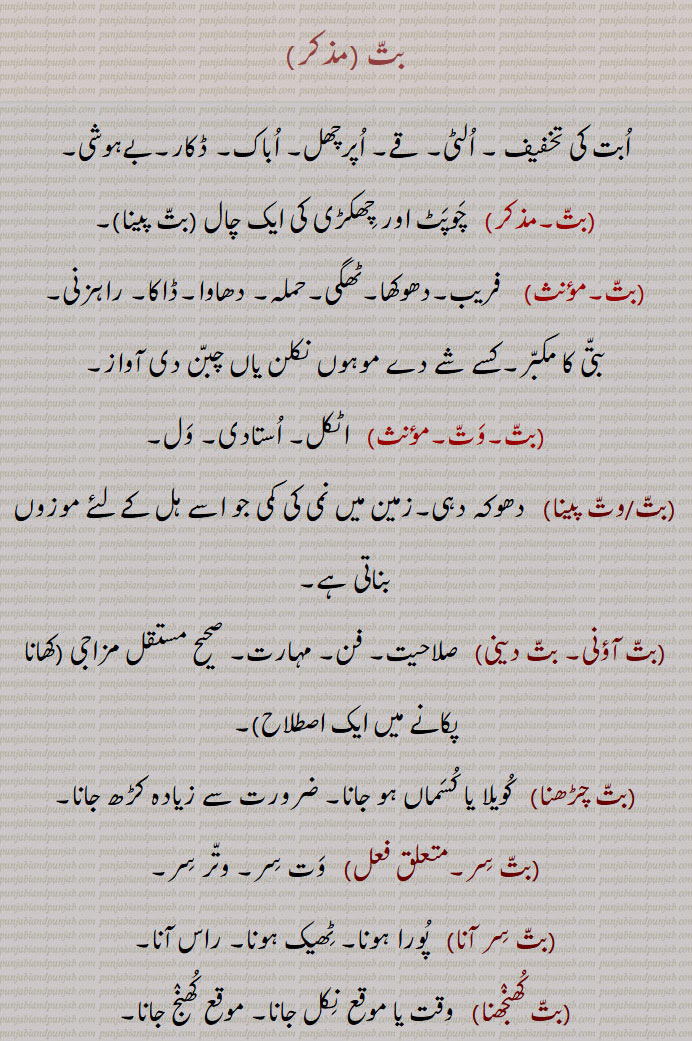  بت, الٹی, قے, اپرچھل, اباک,بےہوشی,چوپٹ اور چھکڑی کی ایک چال, فریب,دھوکھا,ٹھگی,
بتی کا مکبر,اٹکل, استادی,بت/وت پینا,زمین میں نمی کی کمی جو اسے ہل کے لئے موزوں بناتی ہے,بت آؤنی, بت دینی, صلاحیت, فن,بت چڑھنا,کویلا یا کسماں ہو جانا, ضرورت سے زیادہ کڑھ جانا,بت سر,بت سر آنا,بت کھنجھنا, وقت یا موقع نکل جانا,Nausea, faintness, ,batt, batt aauni,  A term in the games 'chaupaR' and 'chhikRi',batt paina,  Fraud,batt aauni, batt deni,   Ability, art, skill,batt,  