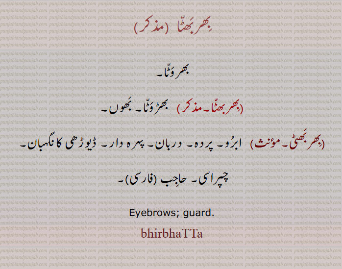 بھربٹا,بوٹا,بھروٹا,بھربھٹا, بھربھٹا, بھمن, بہٹا, بوھٹا, ابرو,بِھربَھٹّا ,بھروَٹّا,بِھربھٹّا,   بھڑوَٹّا, بَھوں,بِھربَھٹی,   ابرُو, پردہ, دربان, پہرہ دار, ڈیوڑھی کا نگہبان, چپراسی, حاجِب,Eyebrows, guard,bhirbhaTTa, ,bhawatta,bharwatta,ਭਵਟਾੱ , ਭਰਵੱਟਾ, بروٹا, barwatta, , 