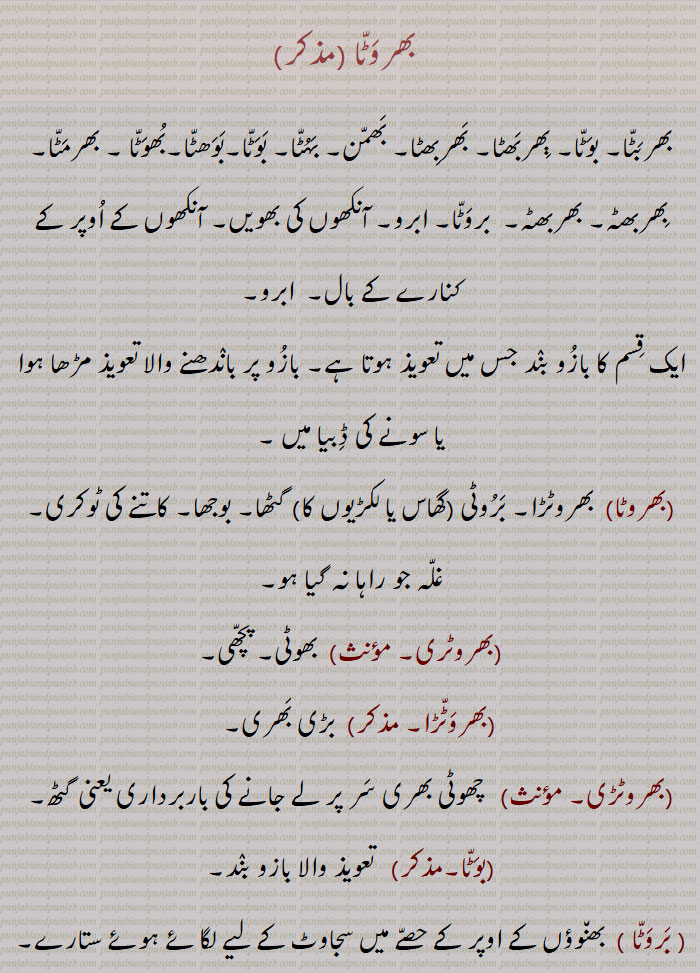بھربٹا,بوٹا,بھروٹا,بھربھٹا, بھربھٹا, بھمن, بہٹا, بوھٹا, ابرو,بِھربَھٹّا ,بھروَٹّا,بِھربھٹّا,   بھڑوَٹّا, بَھوں,بِھربَھٹی,   ابرُو, پردہ, دربان, پہرہ دار, ڈیوڑھی کا نگہبان, چپراسی, حاجِب,Eyebrows, guard,bhirbhaTTa, ,bhawatta,bharwatta,ਭਵਟਾੱ , ਭਰਵੱਟਾ, بروٹا, barwatta, 