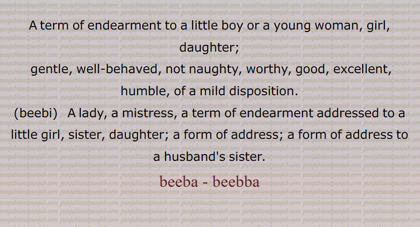   بیبا ,بِیبا, بِیبارانہ, بِیبو, بِیبڑیاں, بی بی,بِیبی,بی بی بائی دی پِینٛگ ,بی بی داڑھی, بی بی طارق دا چُلّھا, بی بی فاطمہ کی صحنک, بی آسہ دا کاسہ, آس بی بی دی ٹِکّیاں, بی تُرت پُھرت دی پوڑِیا,,beeba,ਬੀਬਾ ,ਬੀਬਾੱ , beebba, biba, bibba,beebi,ਬੀਬੀ , 
