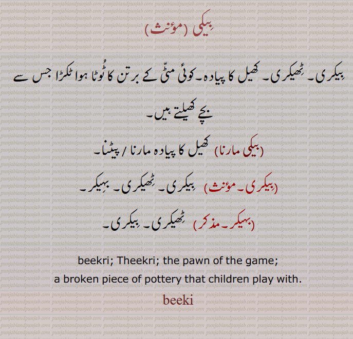 بیکی , بیکری,ٹھیکری, کھیل کا پیادہ,ਬੀਕੀ، ٹوٹا ہوا ٹکڑا,بیکی مارنا,  کھیل کا پیادہ مارنا, بہیکر,beekri; Theekri; the pawn of the game;a broken piece of pottery , beeki,biki, beekee  