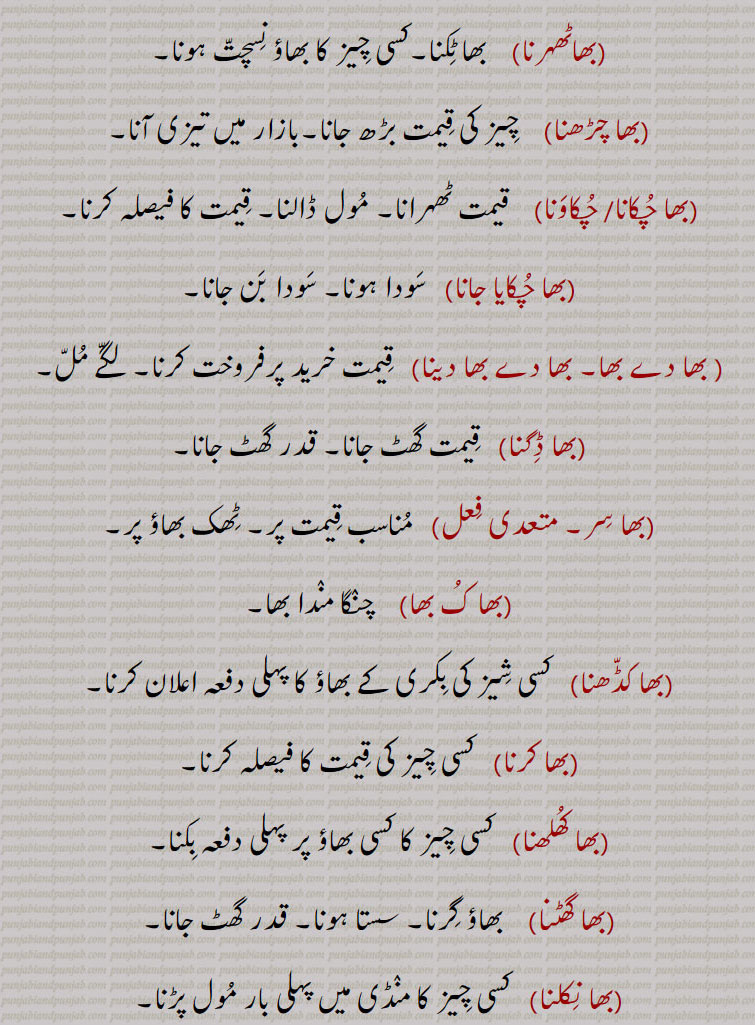   بھا,بھآ,bha,ਭਾ, bha charhna, bha vaddhama, bha chukaana, bha ghatna. بھا بننا, بھا بھاڑا, بھا بھتا,بھا پگنا, بھا پینا, بھا تیز, بھا ٹٹنا,بھا ٹکنا, بھا ٹھہرنا۔ بھا چڑھنا,بھا چکانا, بھا چکاونا, بھا چکایا جانا, بھا دے بھا, بھا دے بھا دینا, بھا ڈگنا, بھا سر, بھا ک بھا, بھا کڈھنا, بھا کرنا, بھا کھلھنا, بھا گٹھنا, بھا نکلنا, بھا نوں اگ لگنا, بھا نہ بننا, بھا نہ بھتا, بھا ودھانا ودھنا, بھا ہونا, بھاؤ بھتا, 