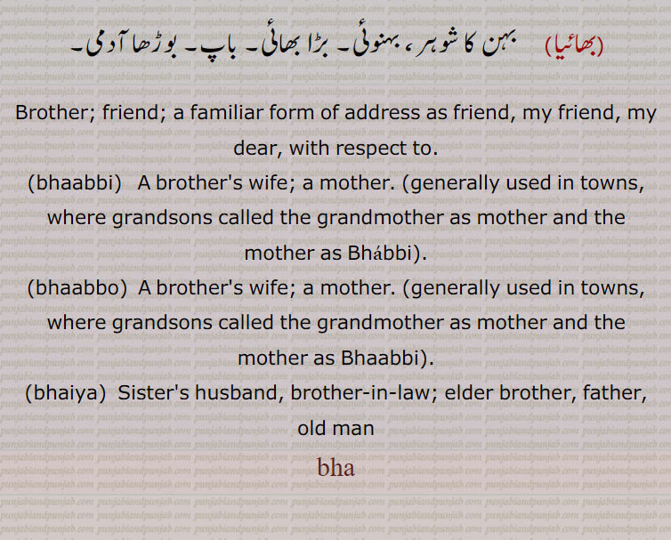   بھا,  bha,ਭਾ, بھابو, بھابھی,بھاپا, بھاپن,بھائیا,bhaabbhi. bhaabbo. bhaiya. bhabbi.