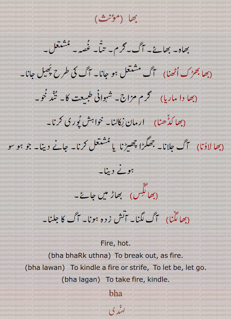   بھا,  bha,ਭਾ, بھا بھڑک اٹھنا, بھا دا ماریا, بھا کڈھنا, بھا لاونا, بھا لگس, بھا لگنا,,bha bhark uthna, bha lawna, bha lagan