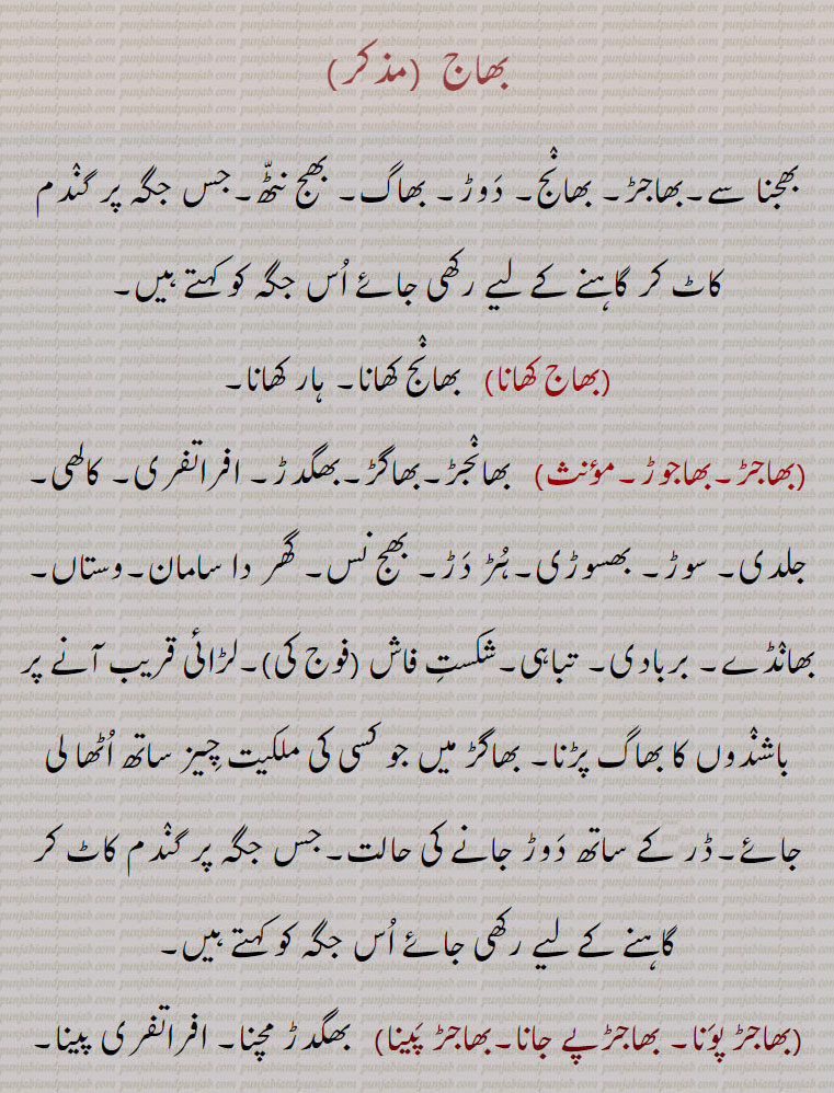 بھاج,bhaaj, ਭਾਜ, ਭਾਜੜ,bhaajar,ਭਾਜਡ਼,,بھجنا,بھاج کھانا, بھانج کھانا,,بھاجڑ مچنا,بھاجڑوچ ہونا,بھاجڑ پونا۔ بھاجڑپے جانا۔بھاجڑ پینا ,