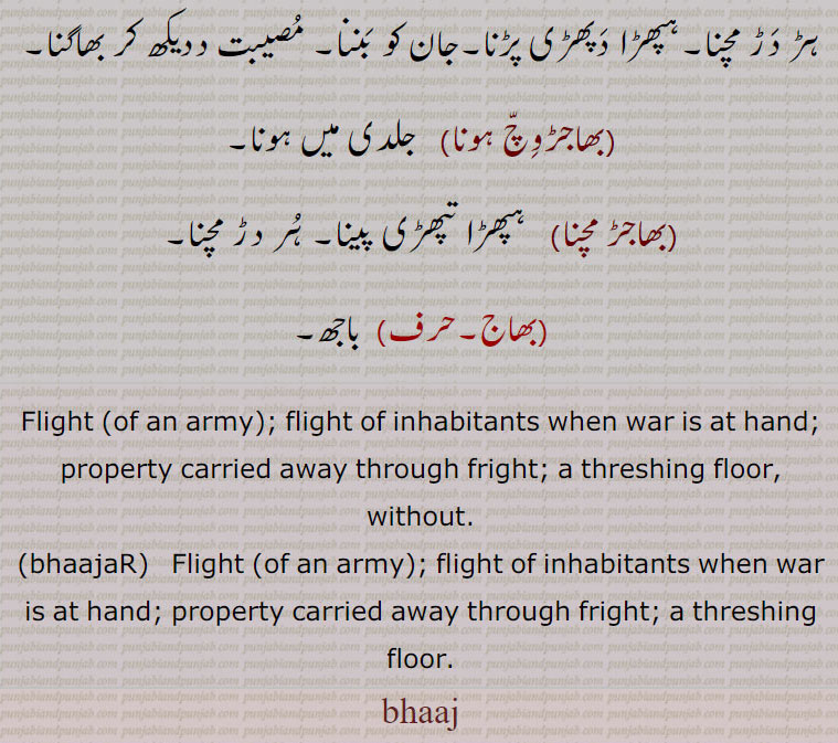 بھاج,bhaaj, ਭਾਜ, ਭਾਜੜ,bhaajar,ਭਾਜਡ਼,,بھجنا,بھاج کھانا, بھانج کھانا,,بھاجڑ مچنا,بھاجڑوچ ہونا,بھاجڑ پونا۔ بھاجڑپے جانا۔بھاجڑ پینا ,