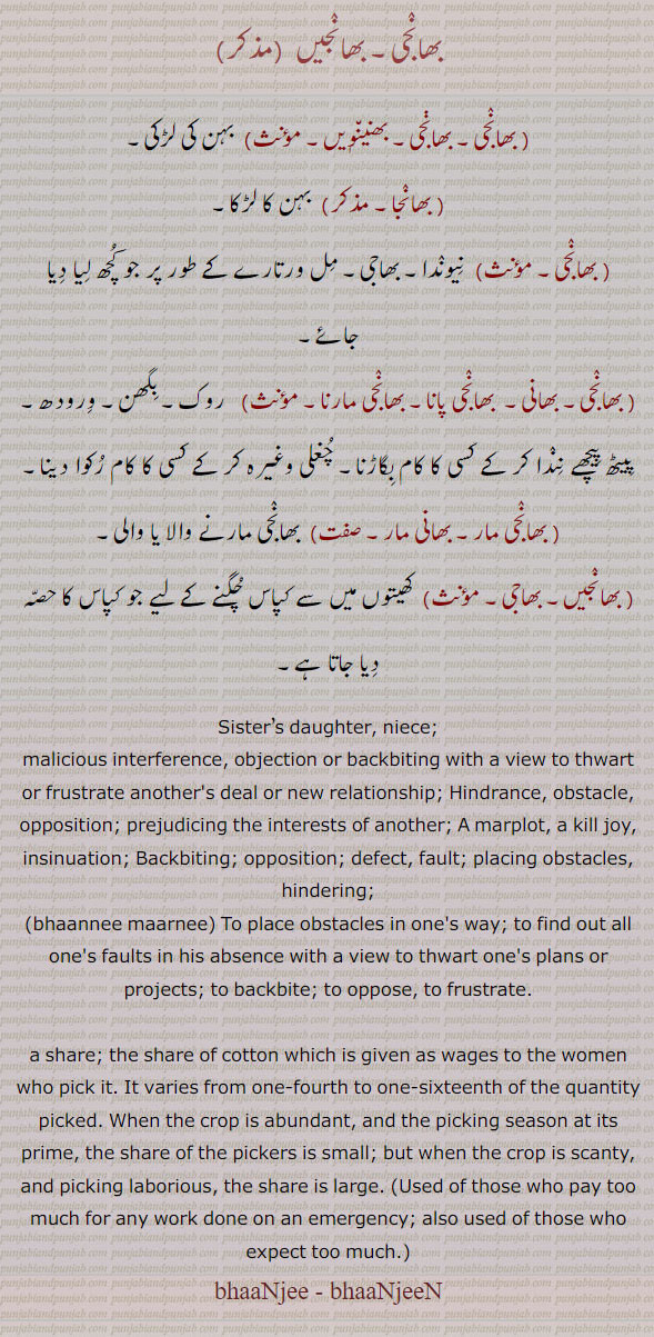   بھانجی,بھانجیں,بھانی,بھنیویں، بھنینویں,بھانجا, بھانی, بھانجی پانا, بھانجی مارنا,بھانجی مار, بھائی مار, بھاجی,, bhanjin,bhanji, bhaNjeeN, bhaaNjeeN, bhanni, bhaannee, bhaani, ਭਾੱਨੀ, ਭਾਂਜੀ, ਭਾਨੀ, ਭਣੇਵੀਂ, ,bhaanjeiN, bhaanjien