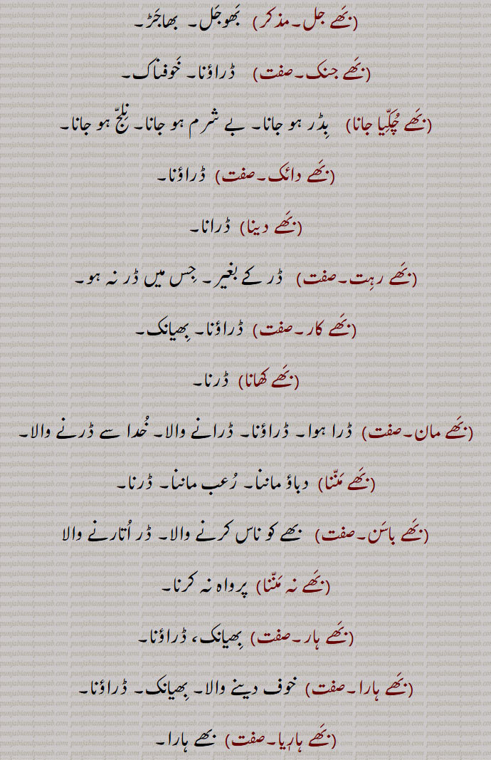بھو,بھے بھیت,بھے پاوک,بھے پور,بھے پورن,بھے جل,بھے جنک,بھے چکیا جانا,بھے دائک,بھے دینا,بھے رہت,بھے کار,بھے کھانا,بھے مان,بھے مننا,بھے باسن,بھے نہ مننا,بھے ہار,بھے ہارا,بھے ہاریا,بھے ہین,بھے ہینتا,بھے ہان,بھے یانک,بھے,بھے نہ مننا,بھے ہین,بھے مارنا ,بھے ولاپا, بھے ولیا,بھے,بھے جل, بھوجل,بھے ساگر,بھے ساگرو, بھو ساگر, سنسار,بھؤ, ڈر کی بناوٹی وجہ,بھؤآ,Fear, dread, alarm, terror,bhaimaan,bhaijal, bhaujal,ਭੈਜਲ,bhau,ਭੌ ,بھے ,bhai,ਭੈ,