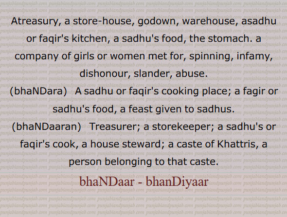بھنڈار, بَھنڈار, ، گھر کا ضروری سامان رکھنے کی جگہ ؛ ذخیرہ ؛ خزانہ ؛ مجازاً شراب خانہ  ,، سر ، کھوپڑی  ،، پھکیتی کی ایک ضرب جو بائیں پہلو پر لگاتے ہیں ، سپہ گری کا ایک وار جو حریف کے ,بائیں رخ لگاتے ہیں  ، سطح دریا پانی کی سطح ، پانی کا خزانہ ، ٹنکی،میگزین ، بارود خانہ ؛ وہ گاؤں جس کا انتظام خوڈ راجہ یا زمیندار کرے ، دیسی گاڑی ؛ جوگیوں کی دعوت
بھنٛڈارن باورچن,بھنٛڈاری  ناؤ کے اگلے پچھلے نکیلے سروں کی خالی اور عام استعمال میں نہ آنے والی جگہ میں ملاحوں اور کشتی کے دیگر کارنٛدوں کا سامان رکھنے کو بنی ہوئی جگہ,غنی, مُخَیَّر,شراب خانے کا مہتمم,شراب کشید کر نے والا,بنانے والا,باورچی, خانساماں,جہاز کے سامان کی نگرانی کر نے والا,بھنٛڈاری پَن بھنٛڈاری کا پیشہ, خزانچی کا عہدہ,بھنٛڈارا کرنا   بھوکوں کے لیے کھانا پکوانا,بھنٛڈارا کُھل جانا  بھانٛڈا پھوٹ جانا,بھنٛڈارا بھنٛڈار, لنٛگر, دعوت عام,بھنٛڈار خانہ,باورچی خانہ, پھکیتی کا وار جو حریف کے بائیں رخ کیا جائے, بھنٛڈار,مجازاً  کھوپڑی, سر ,بھنٛڈا,Atreasury, a store-house, godown, warehouse, asadhu or faqir's kitchen, a sadhu's food, the stomach. a company of girls or women met for, spinning, infamy, dishonour, slander, abuse,bhaNDara,  A sadhu or faqir's cooking place; a fagir or sadhu's food, a feast given to sadhus,bhaNDaaran,  Treasurer; a storekeeper; a sadhu's or faqir's cook, a house steward; a caste of Khattris, a person belonging to that caste,bhaNDaar, bhanDiyaar, ਭੰਡਾਰ, ਭੰਡਾਰਾ, ਭੰਡਾਰਣ, ਭੰਡਾਰੀ
